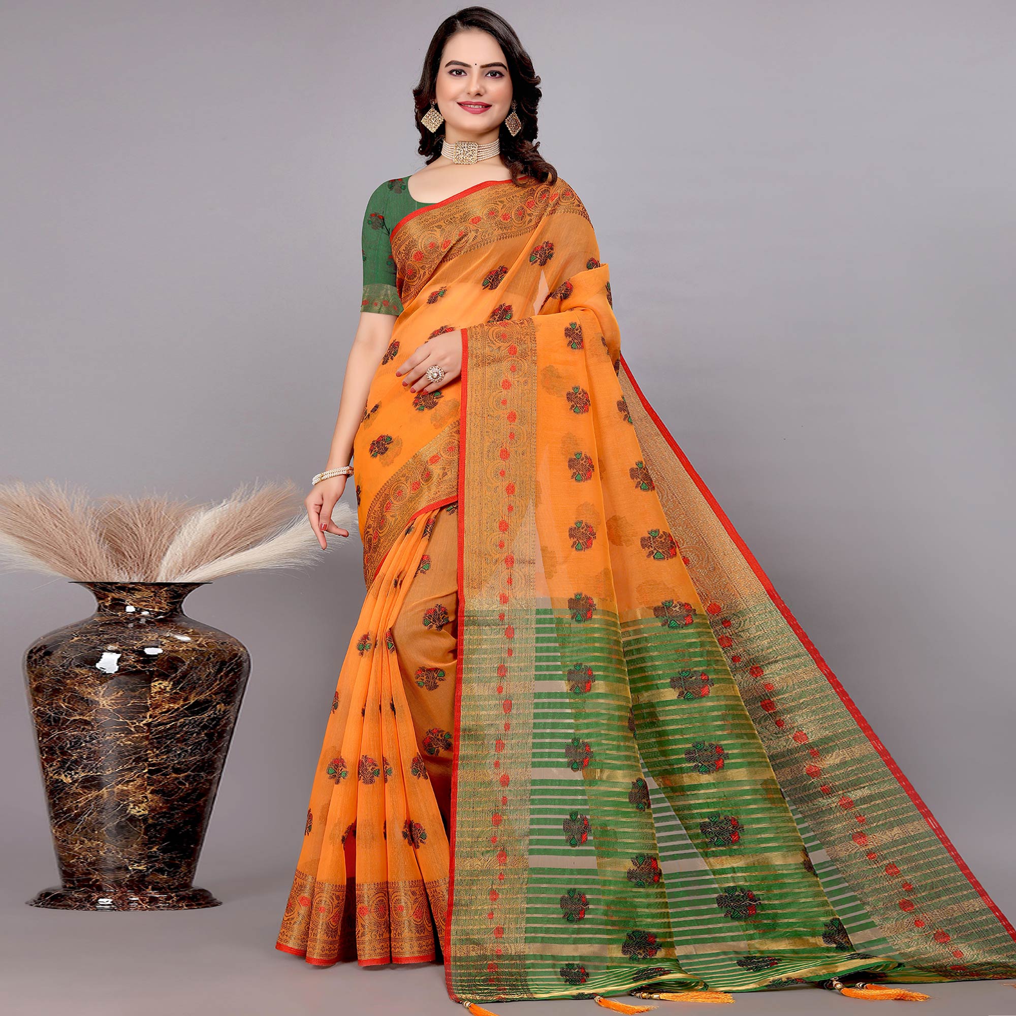 Orange Floral Woven Cotton Silk Saree With Tassels