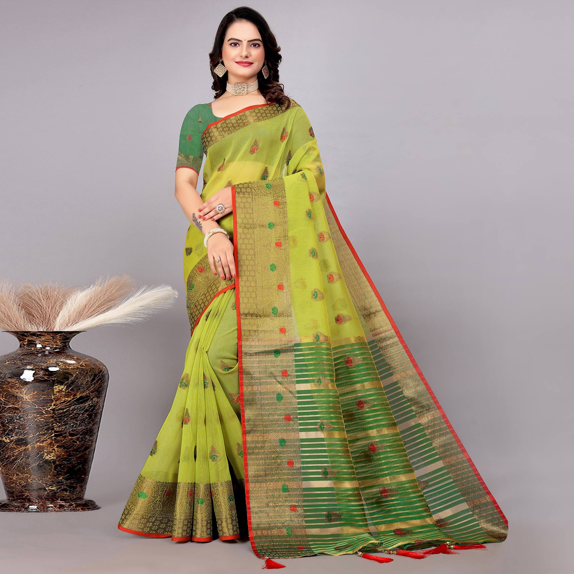 Lime Green Floral Woven Cotton Silk Saree With Tassels