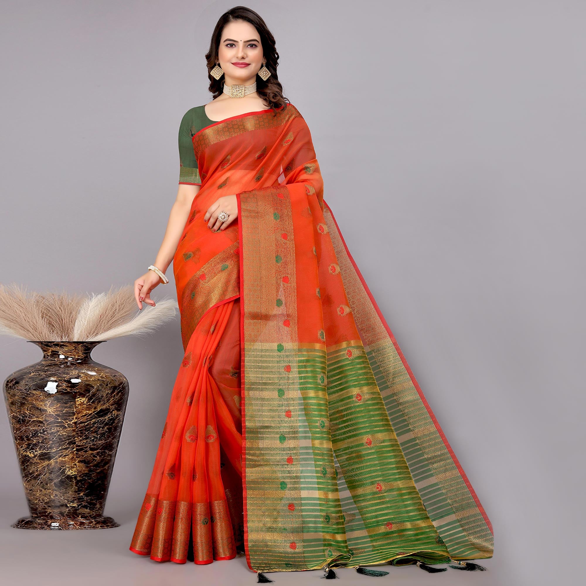 Red Floral Woven Cotton Silk Saree With Tassels