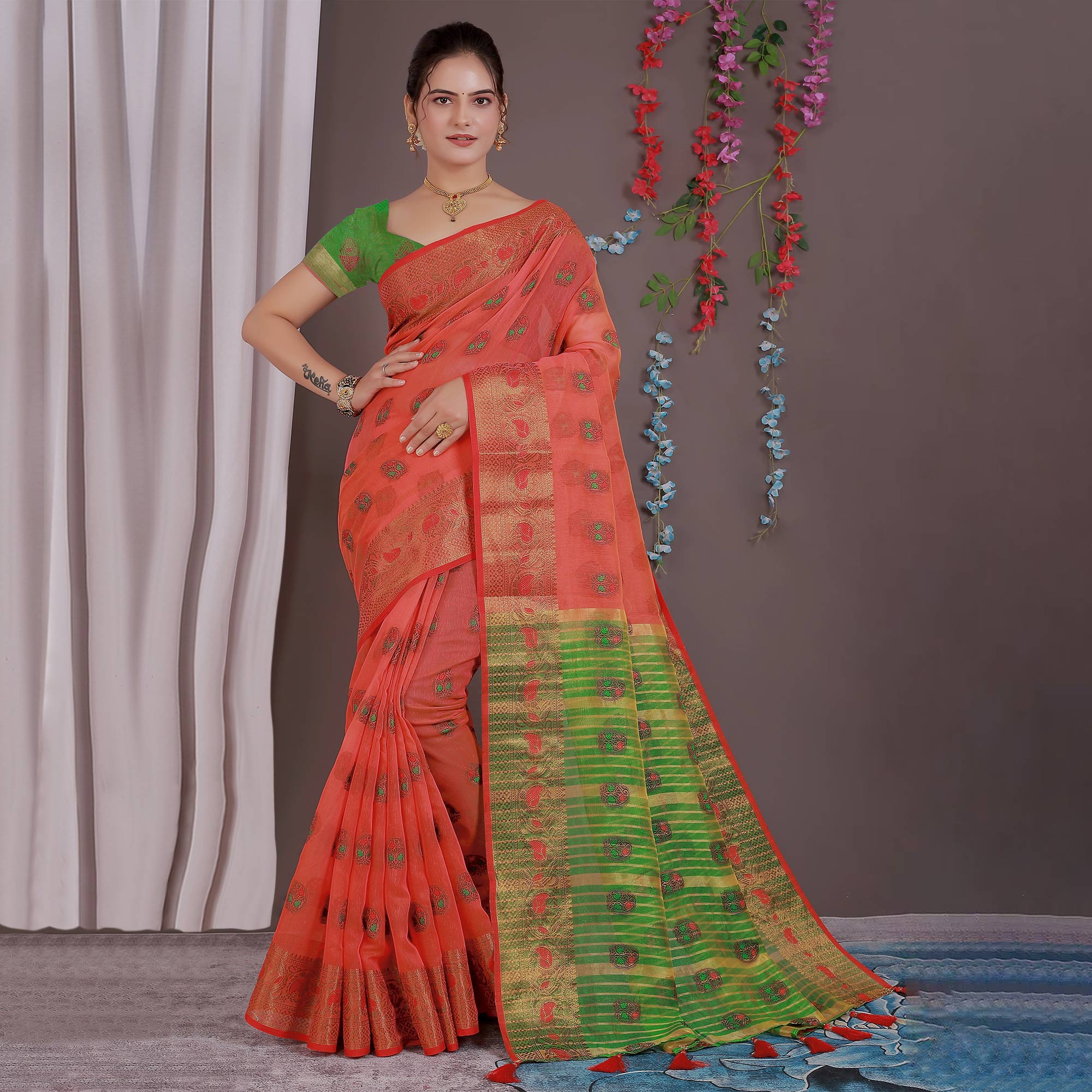 Red Floral Woven Cotton Silk Saree With Tassels
