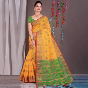 Yellow Floral Woven Cotton Silk Saree With Tassels