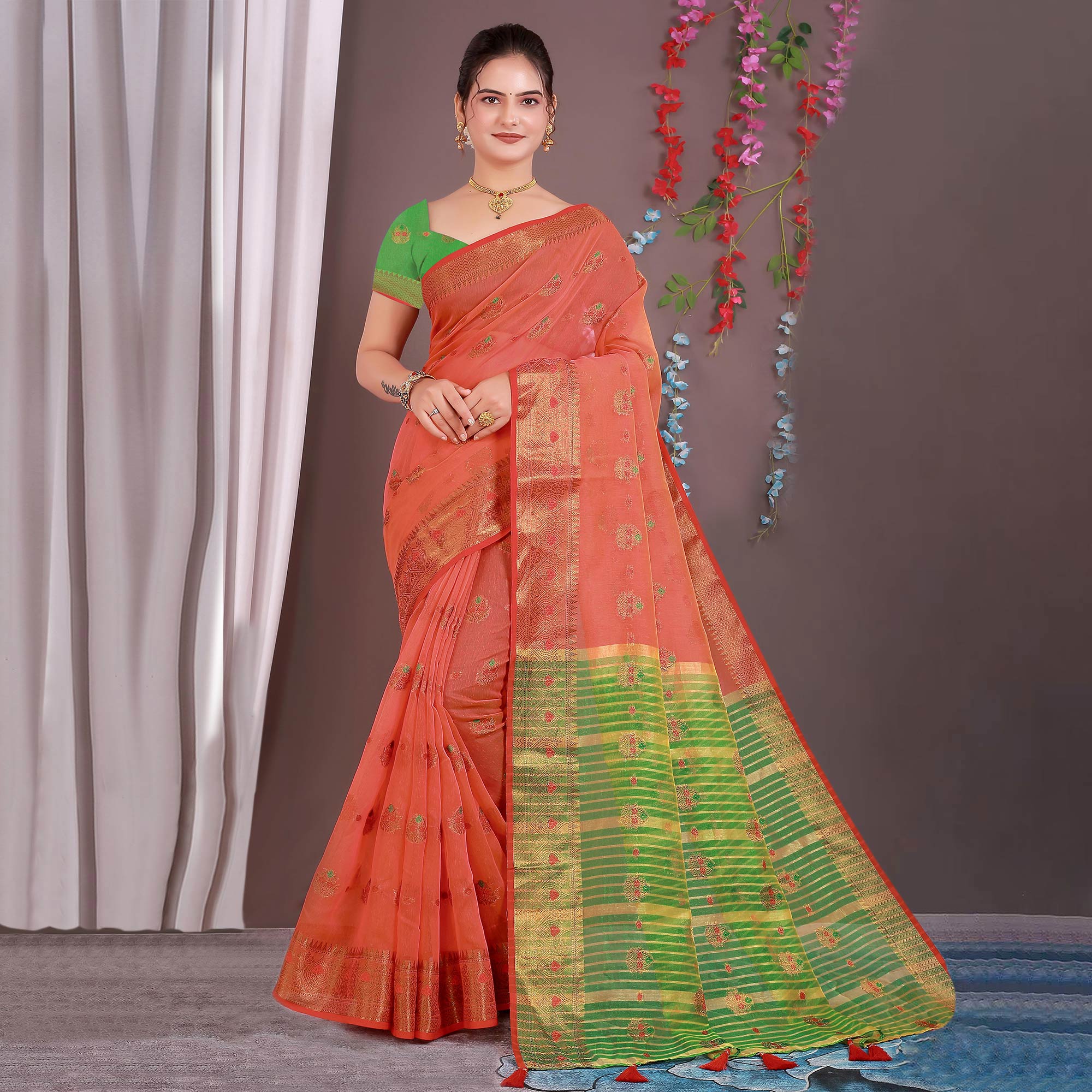 Red Floral Woven Cotton Silk Saree With Tassels