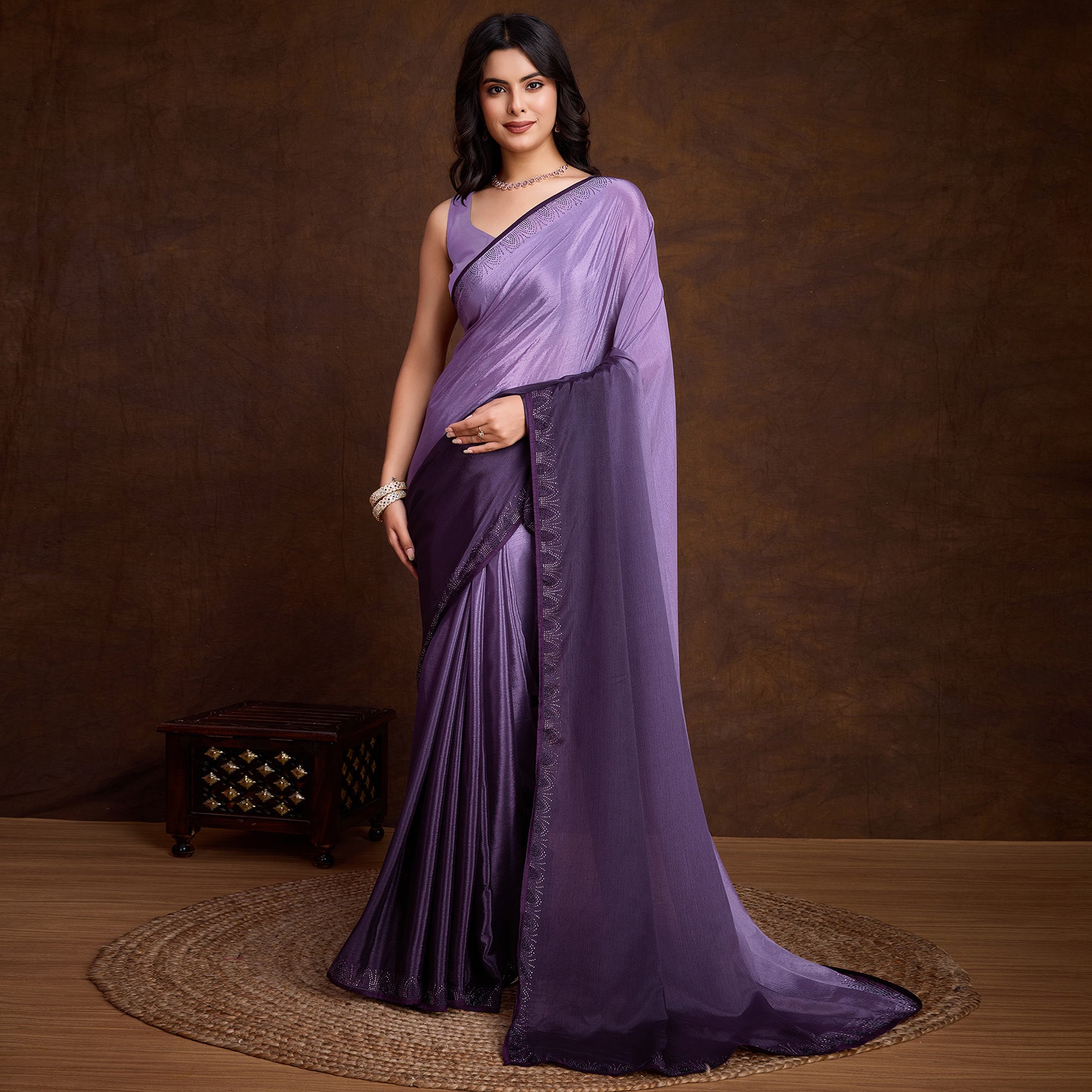 Purple Swarovski Border Work Chinon Ombre Saree