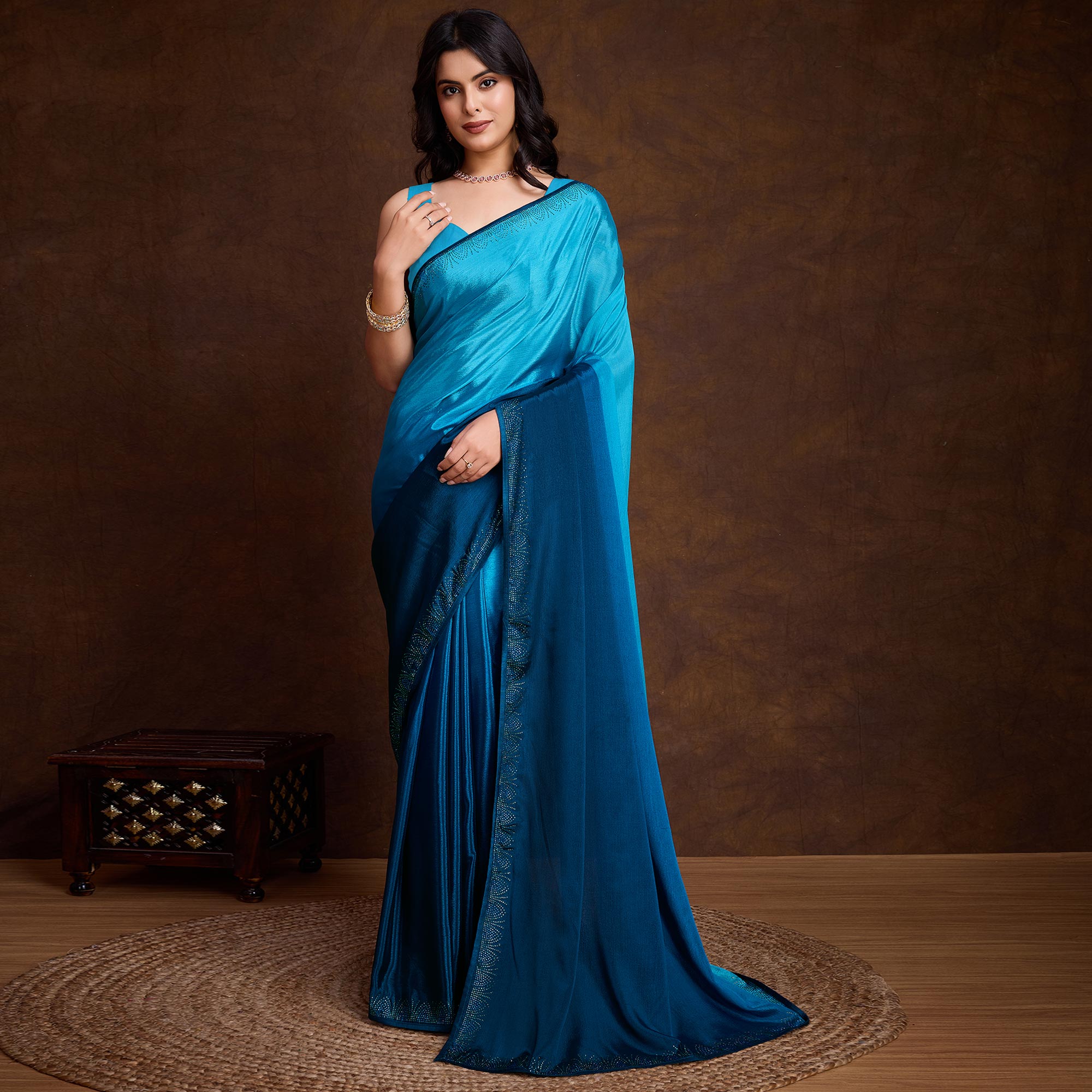 Blue Swarovski Border Work Chinon Ombre Saree
