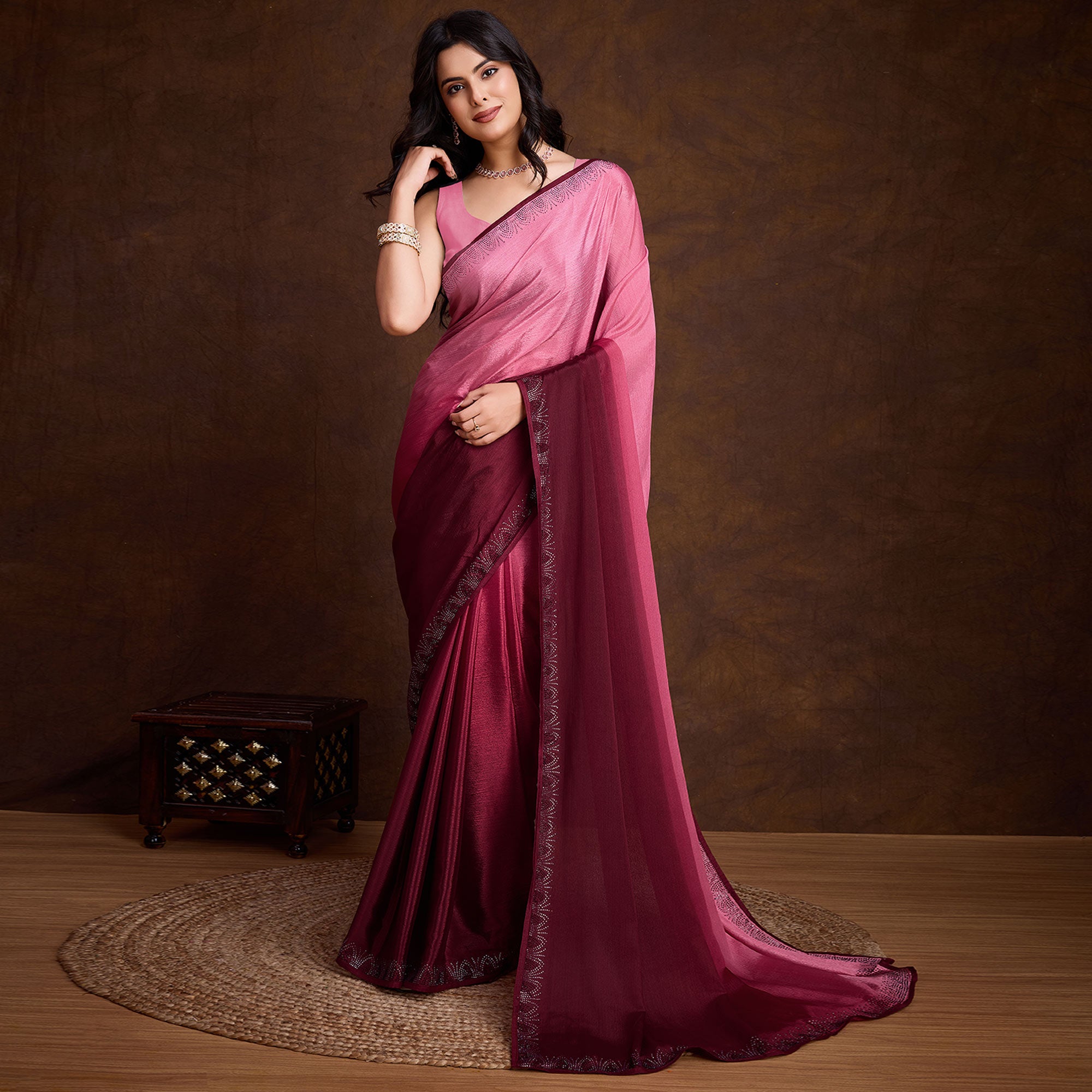 Pink Swarovski Border Work Chinon Ombre Saree