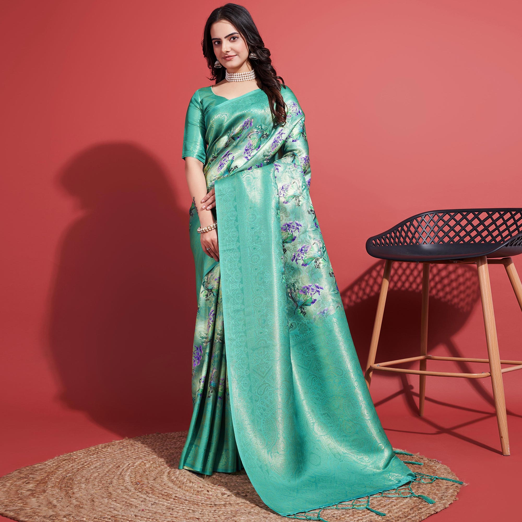 Turquoise Floral Digital Printed With Woven Border Banarasi Silk Saree