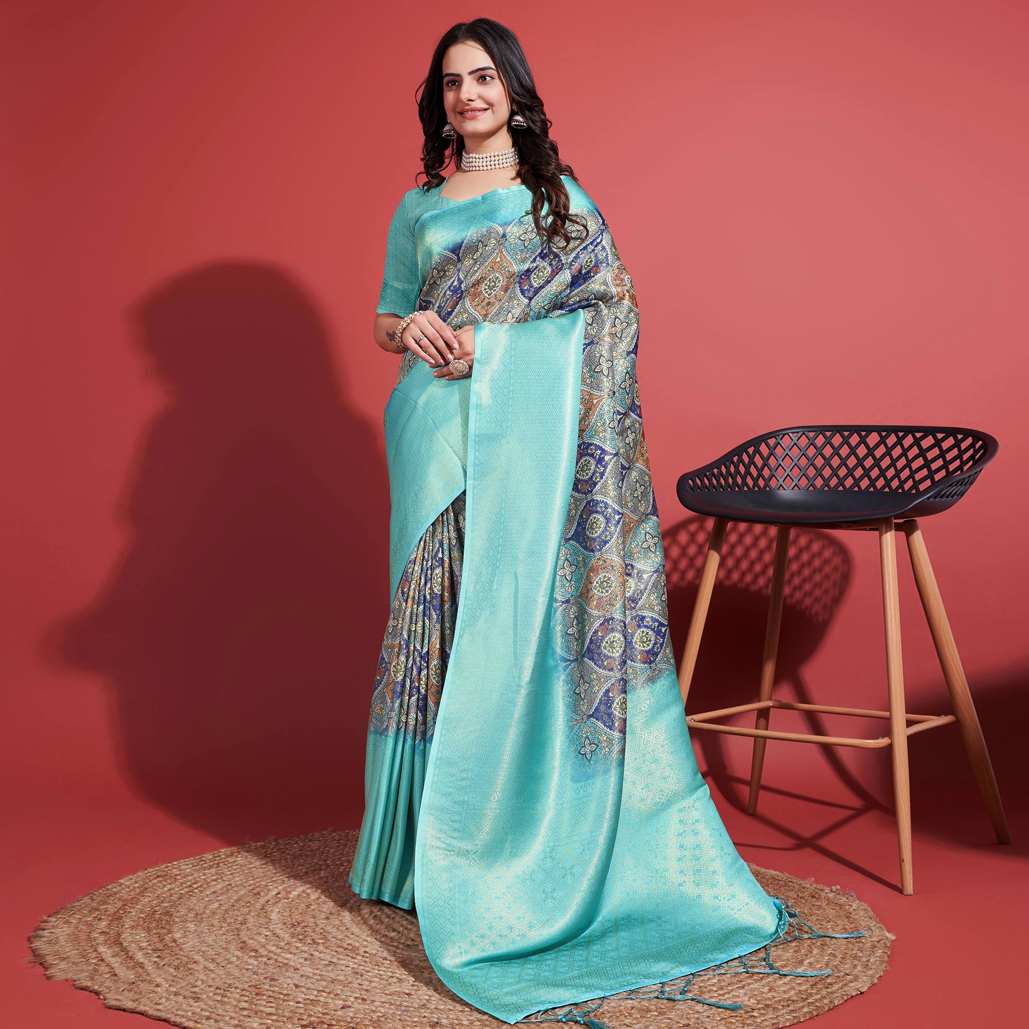 Aqua Floral Digital Printed With Woven Border Banarasi Silk Saree