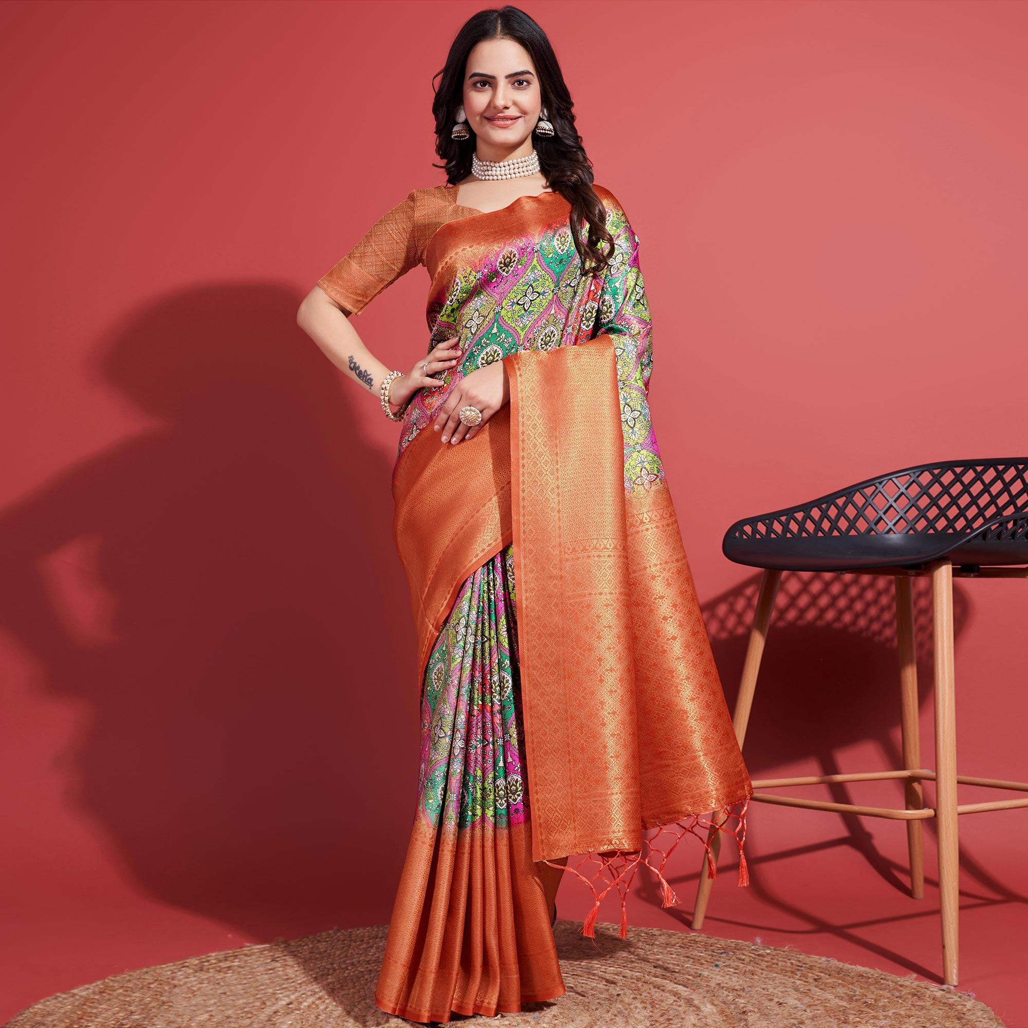 Orange Floral Digital Printed With Woven Border Banarasi Silk Saree