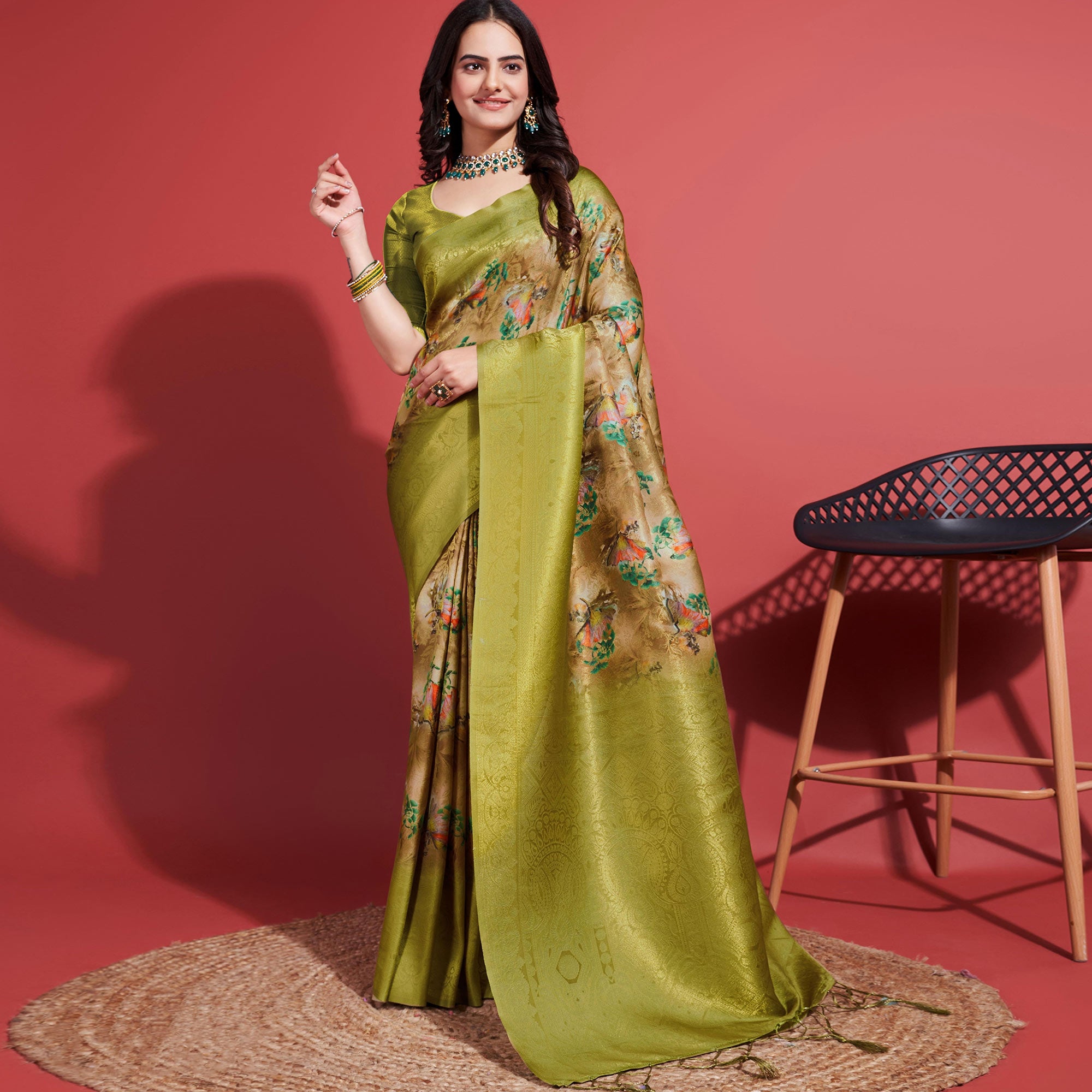 Green Floral Digital Printed With Woven Border Banarasi Silk Saree