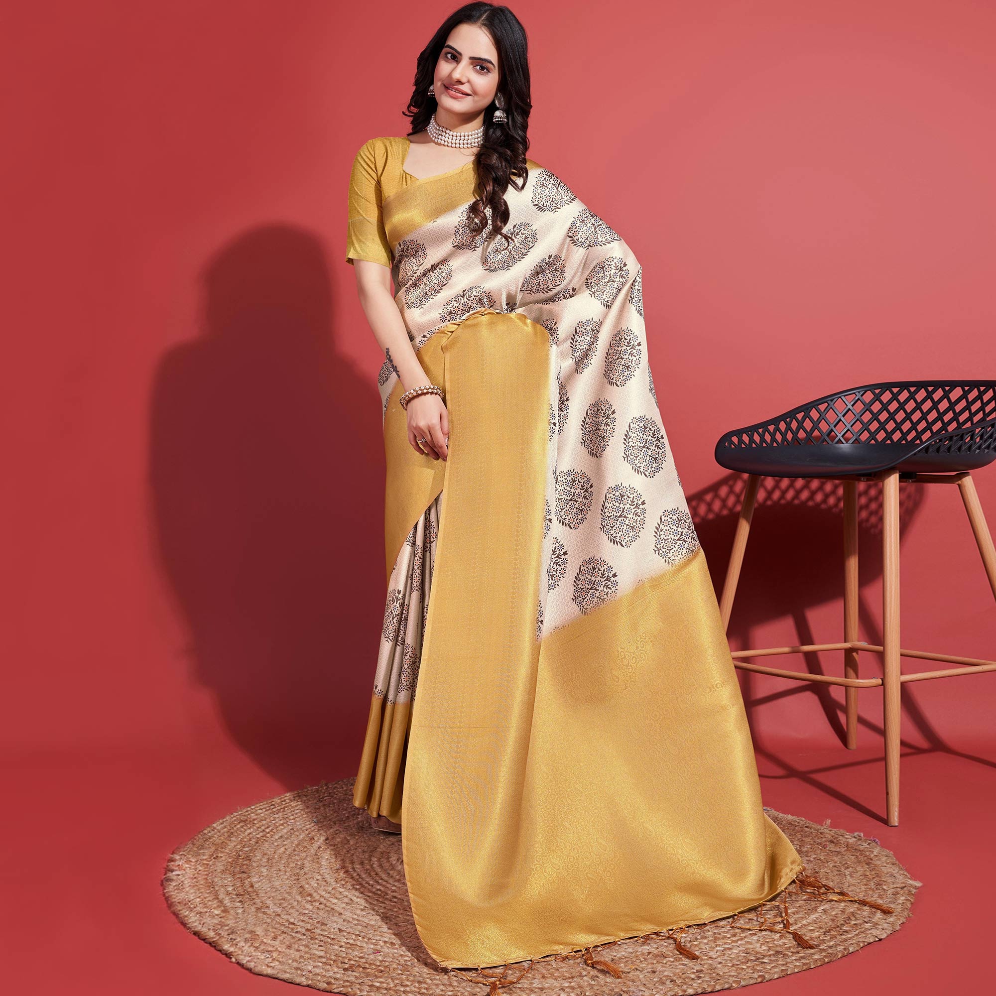 Yellow & Off White Floral Digital Printed With Woven Banarasi Silk Saree