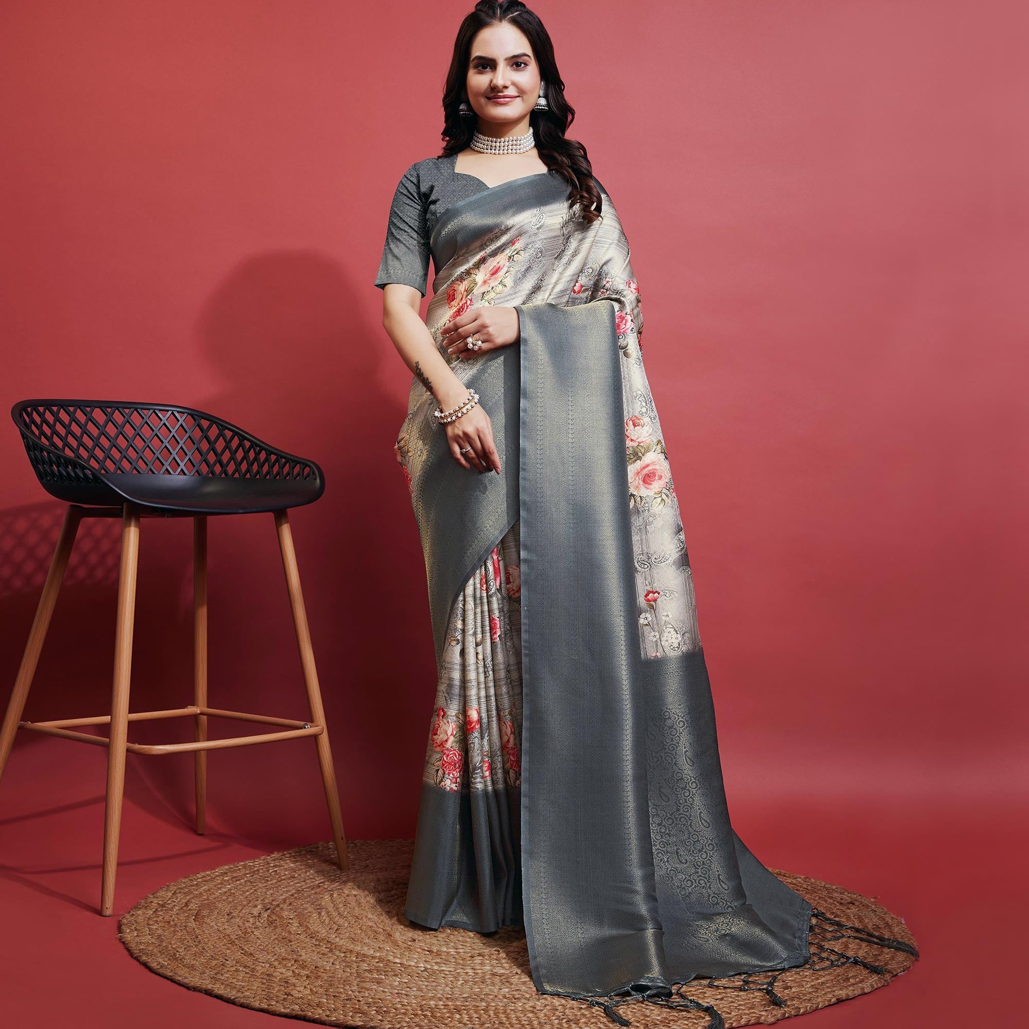 Grey Floral Digital Printed With Woven Banarasi Silk Saree