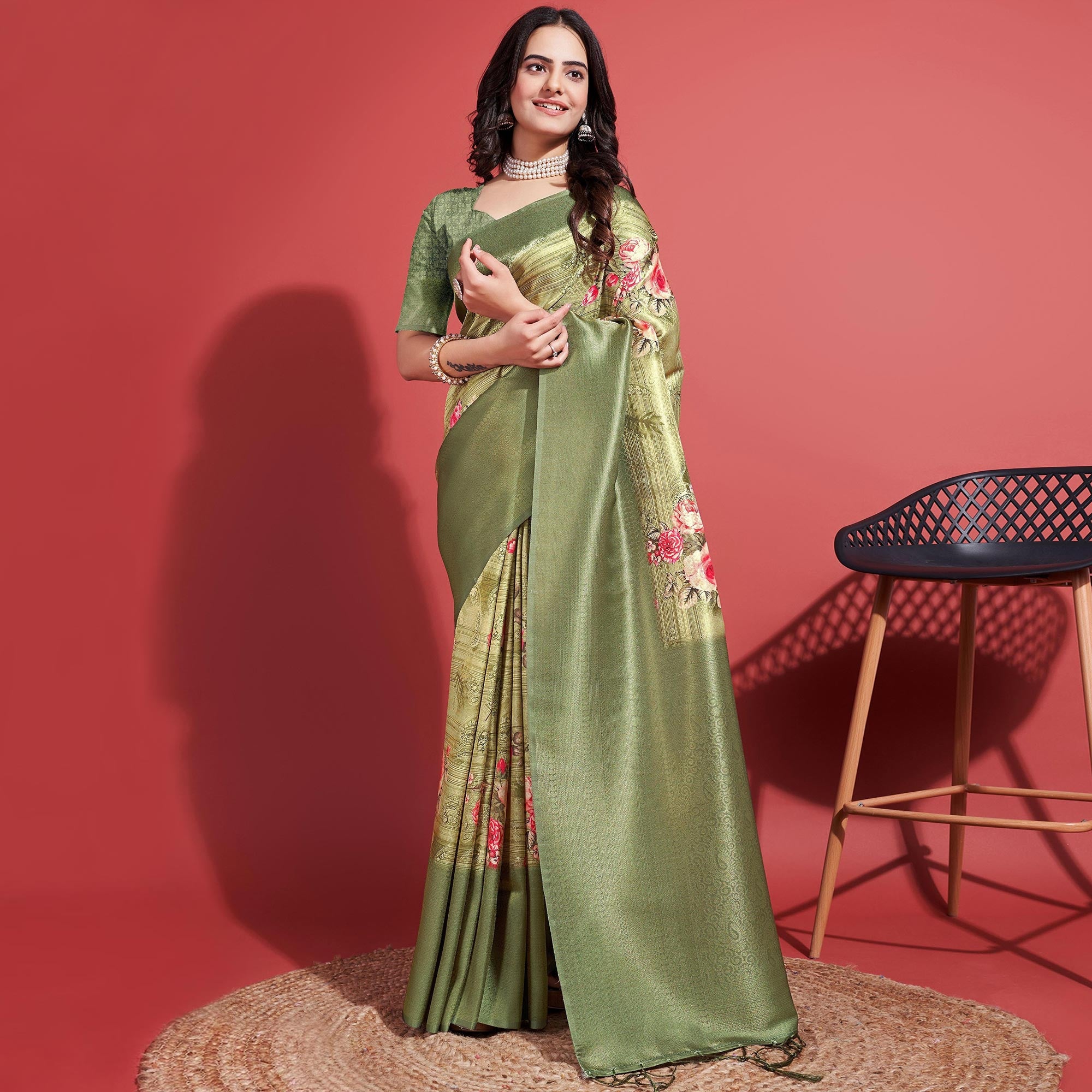 Light Olive Green Floral Digital Printed With Woven Banarasi Silk Saree