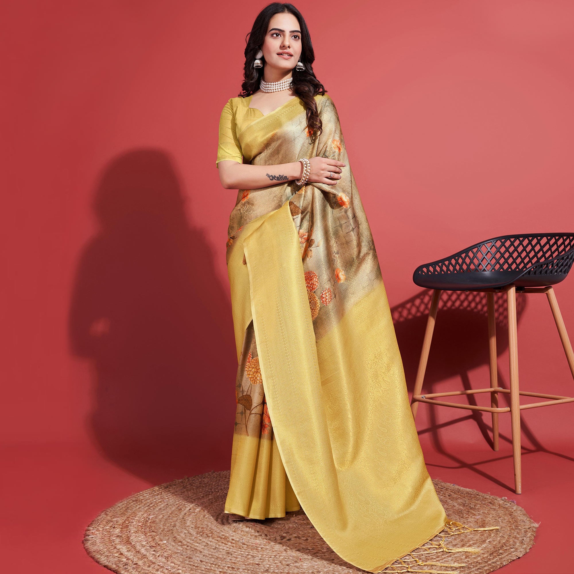 Yellow & Brown Floral Digital Printed With Woven Banarasi Silk Saree