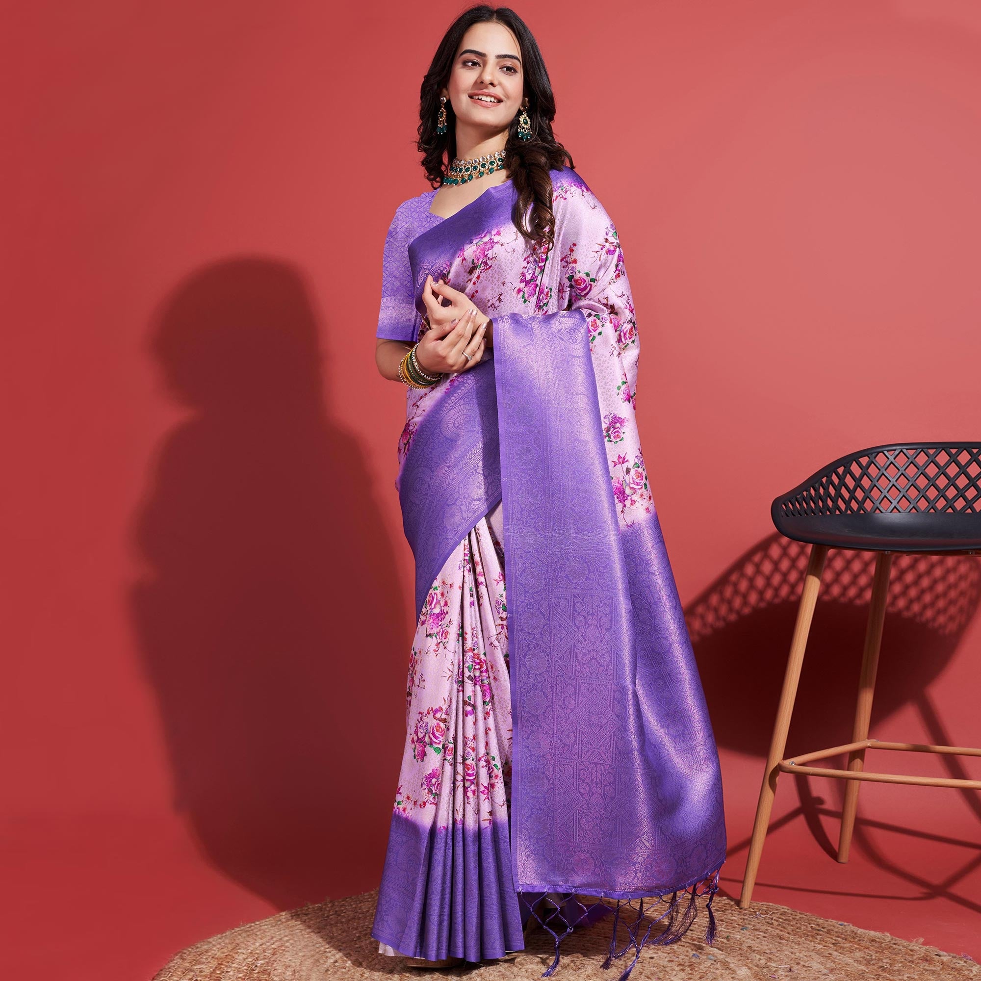 Lavender Floral Digital Printed With Woven Banarasi Silk Saree