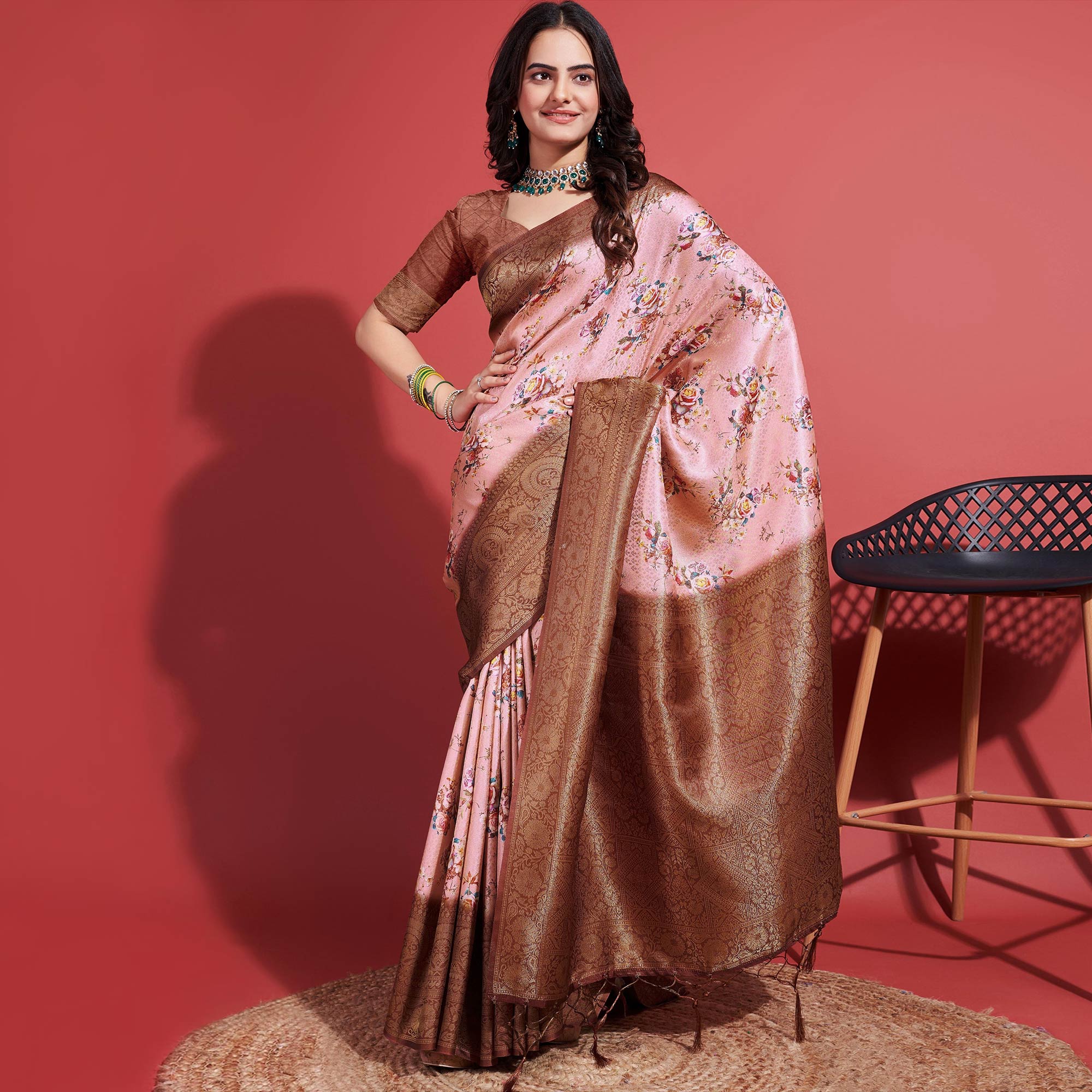 Brown & Peach Floral Digital Printed With Woven Banarasi Silk Saree