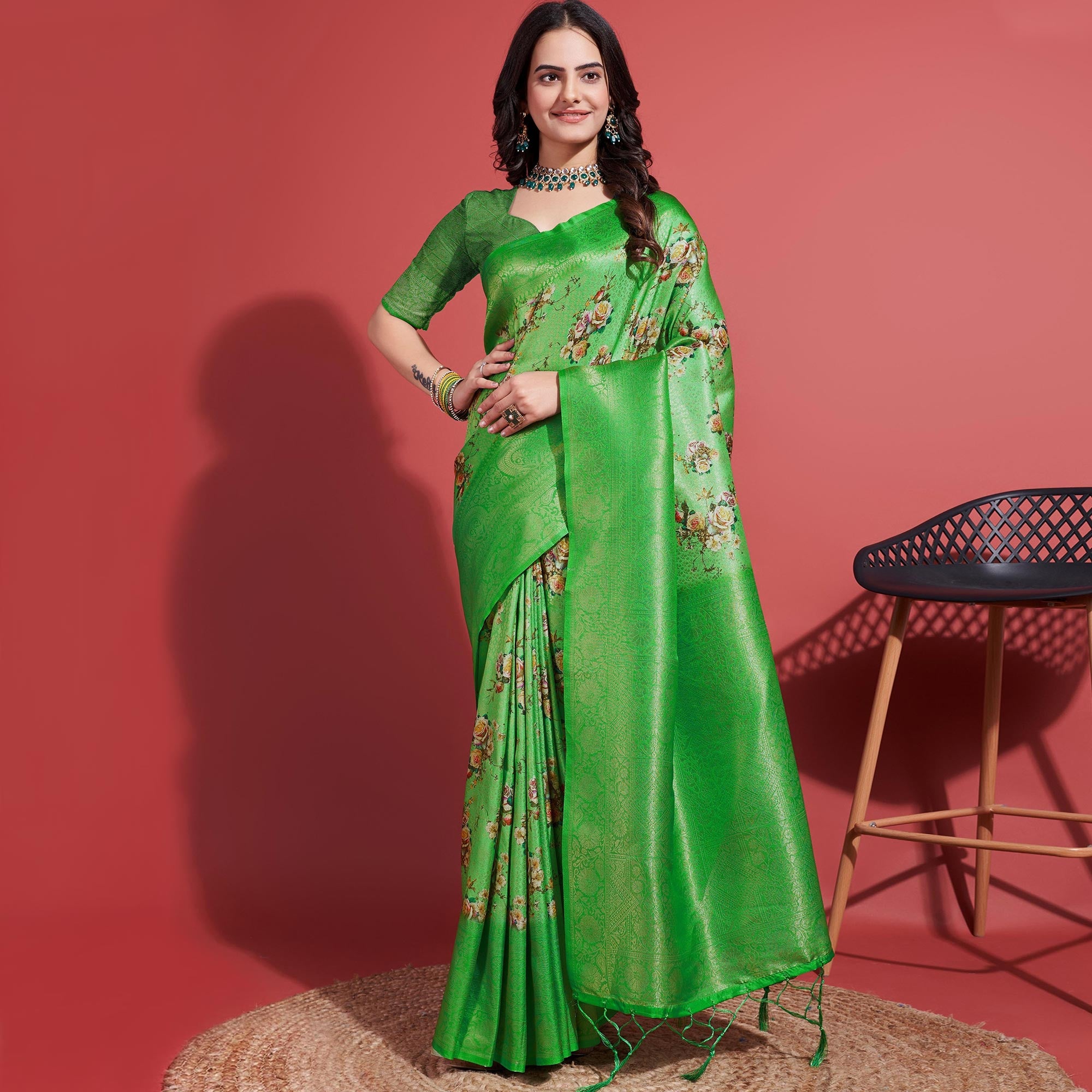 Green Floral Digital Printed With Woven Banarasi Silk Saree