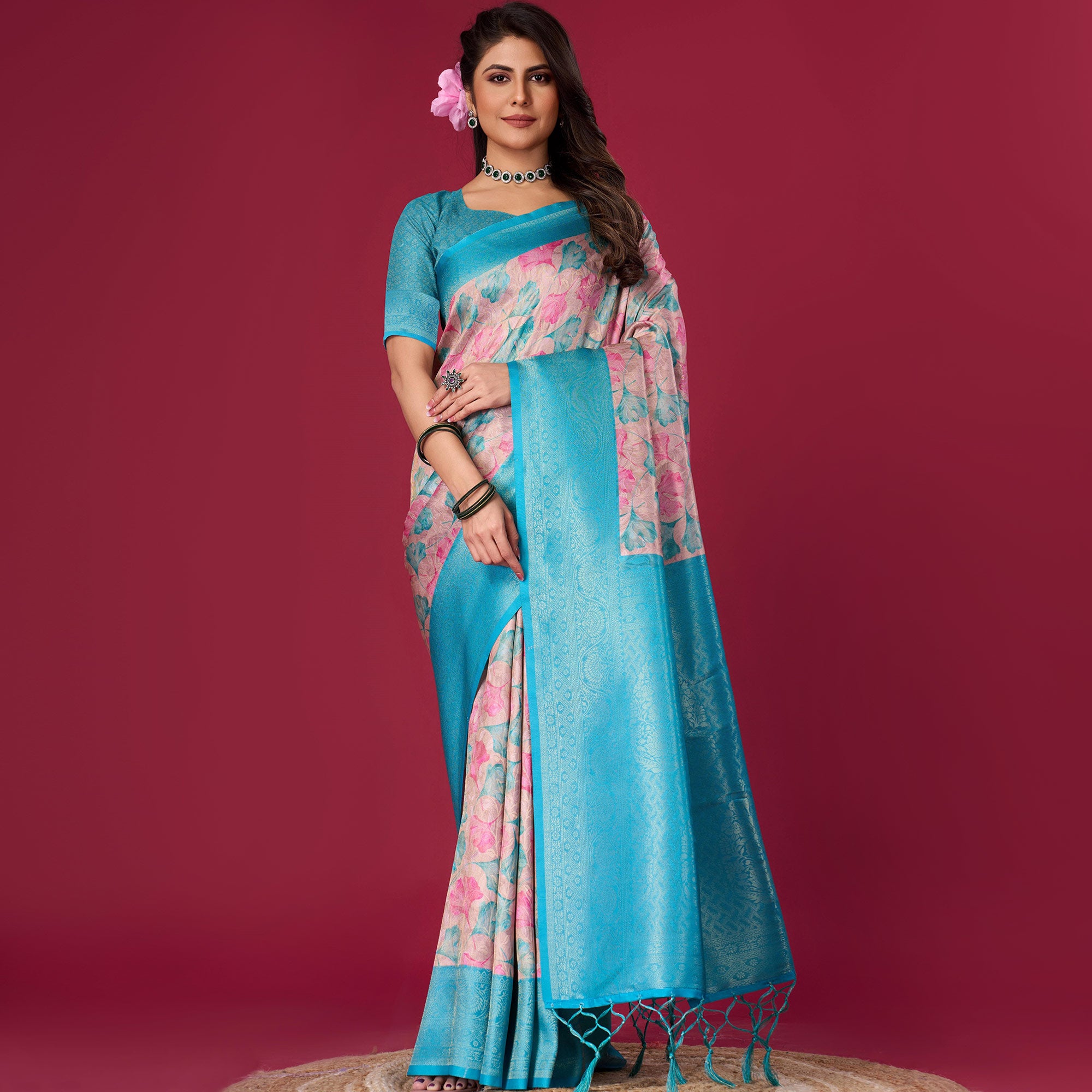 Turquoise Floral Digital Printed With Woven Pure Silk Saree