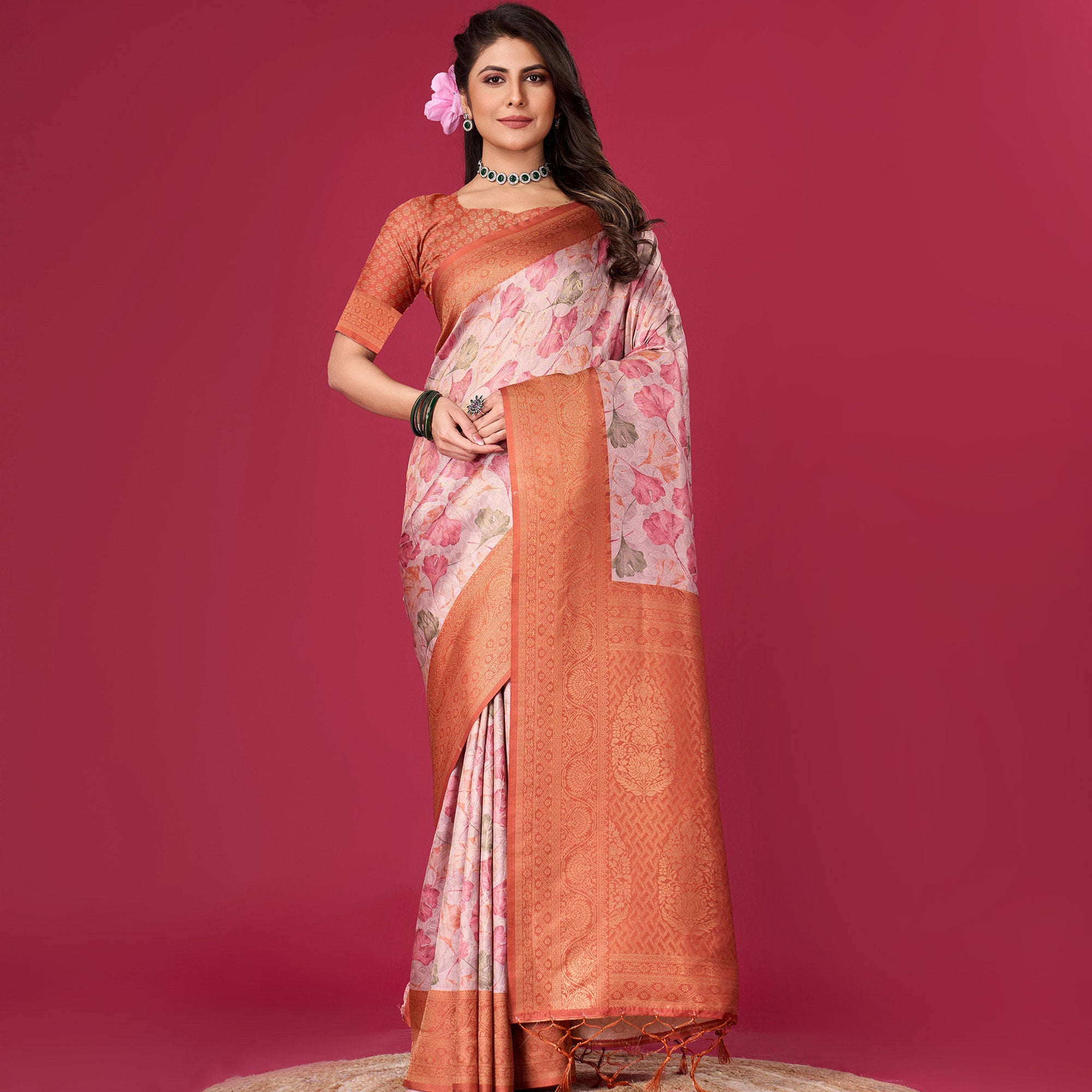 Rust Floral Digital Printed With Woven Pure Silk Saree