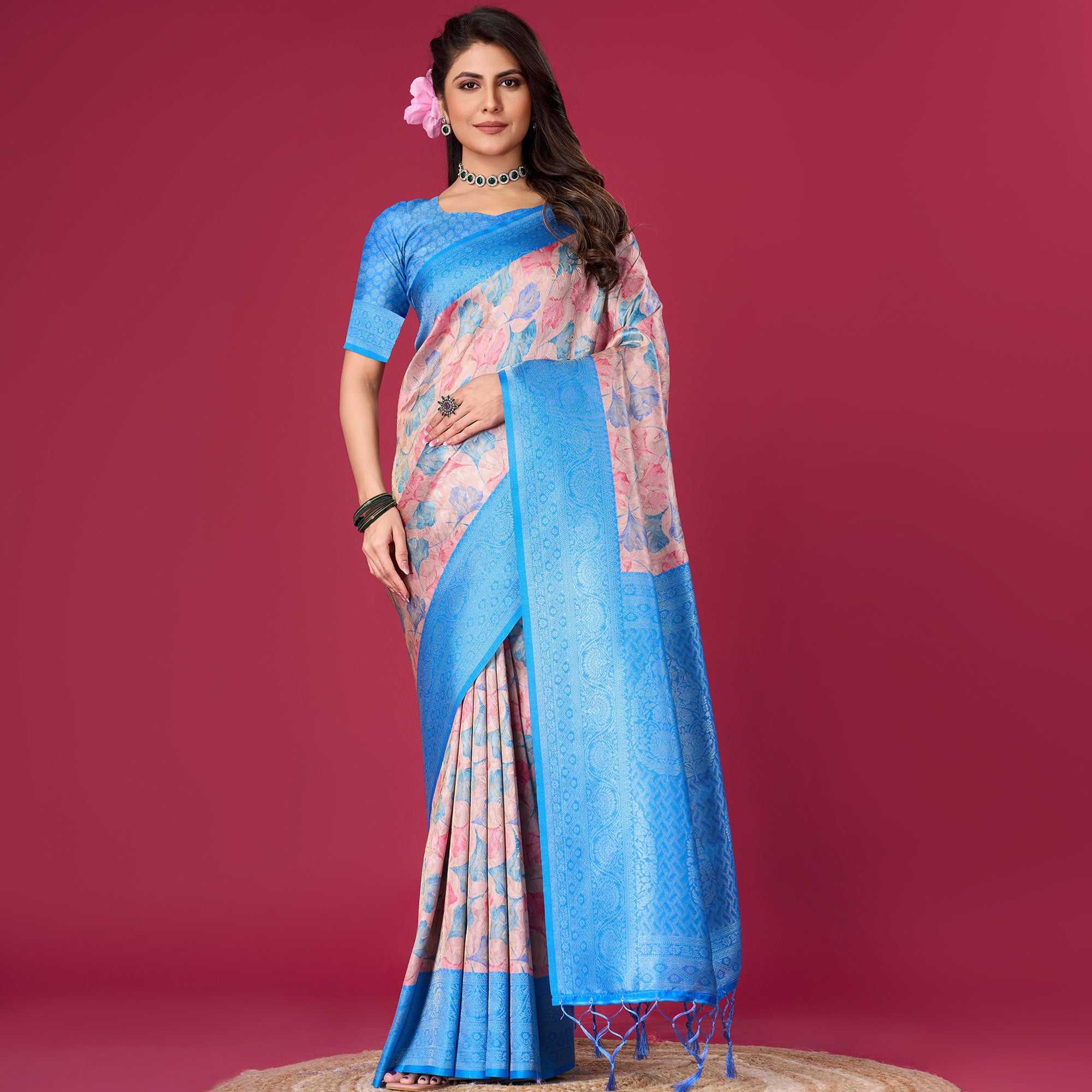 Blue Floral Digital Printed With Woven Pure Silk Saree