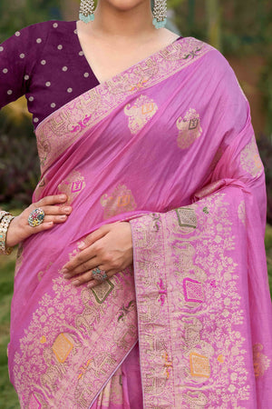 Pink Zari Woven Dola Silk Saree With Intricate Meenakari & Swarovski Embellishments