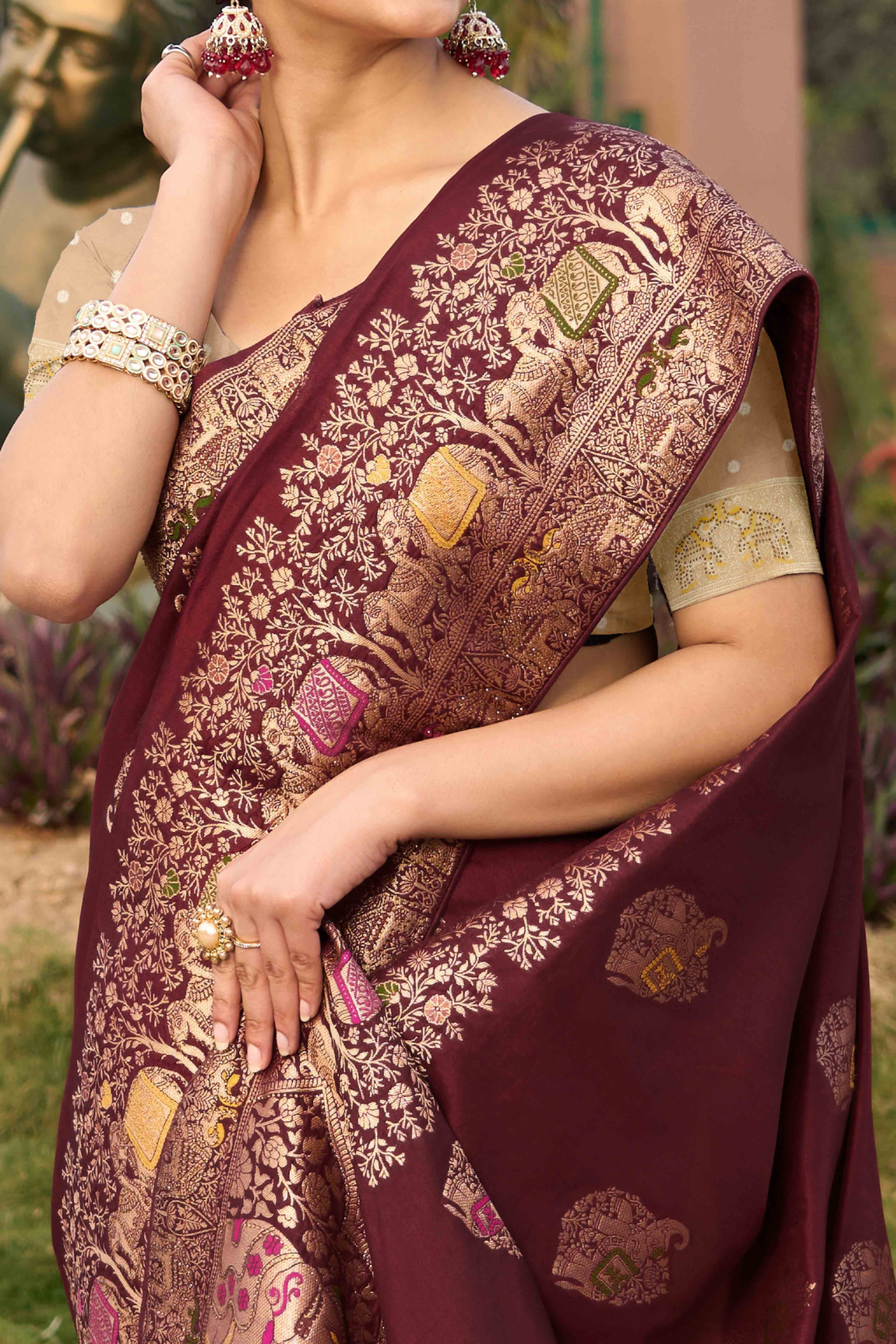 Dark Maroon Zari Woven Dola Silk Saree With Intricate Meenakari & Swarovski Embellishments