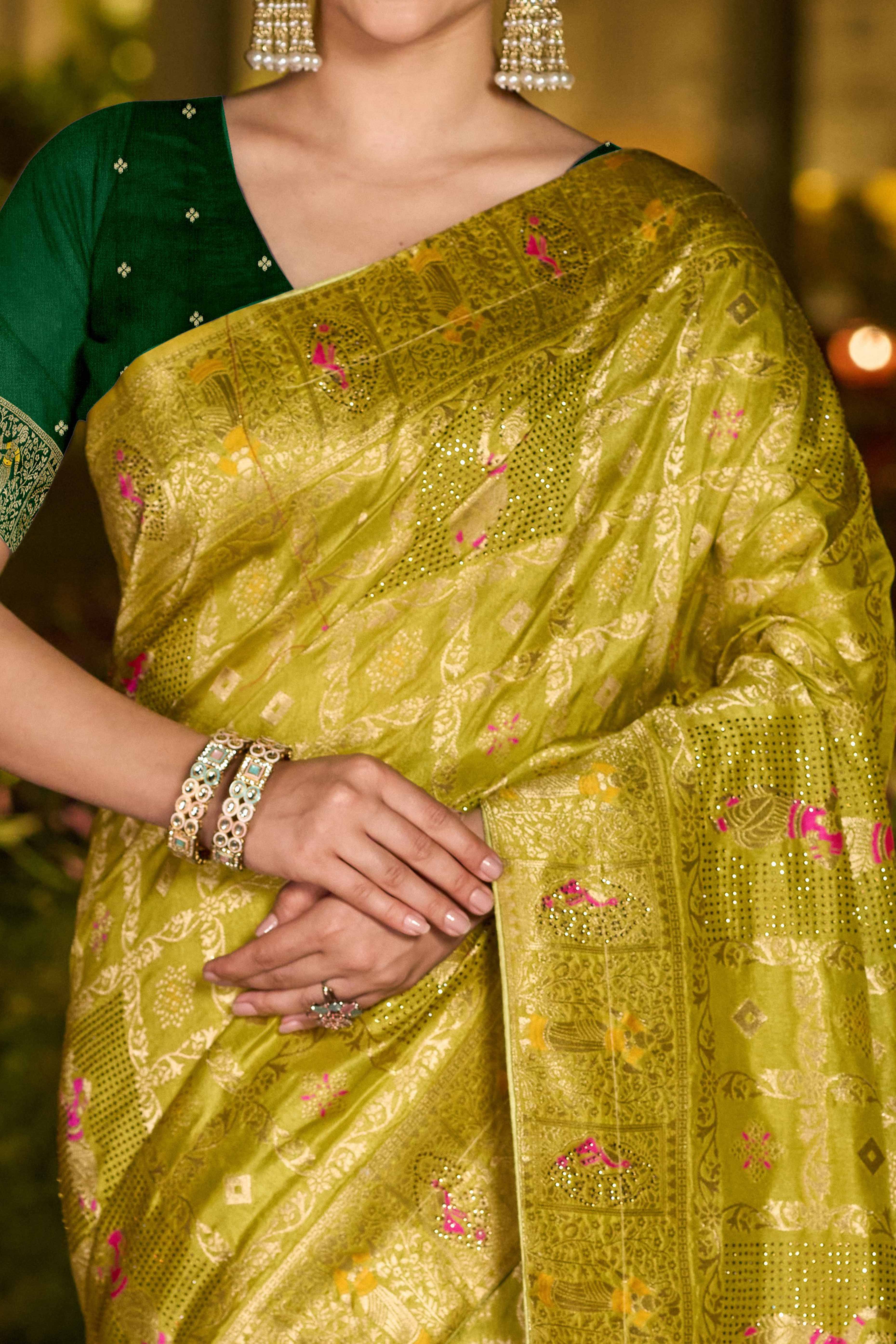 Olive Dola Silk Saree Featuring Intricate Gharchola Woven Design