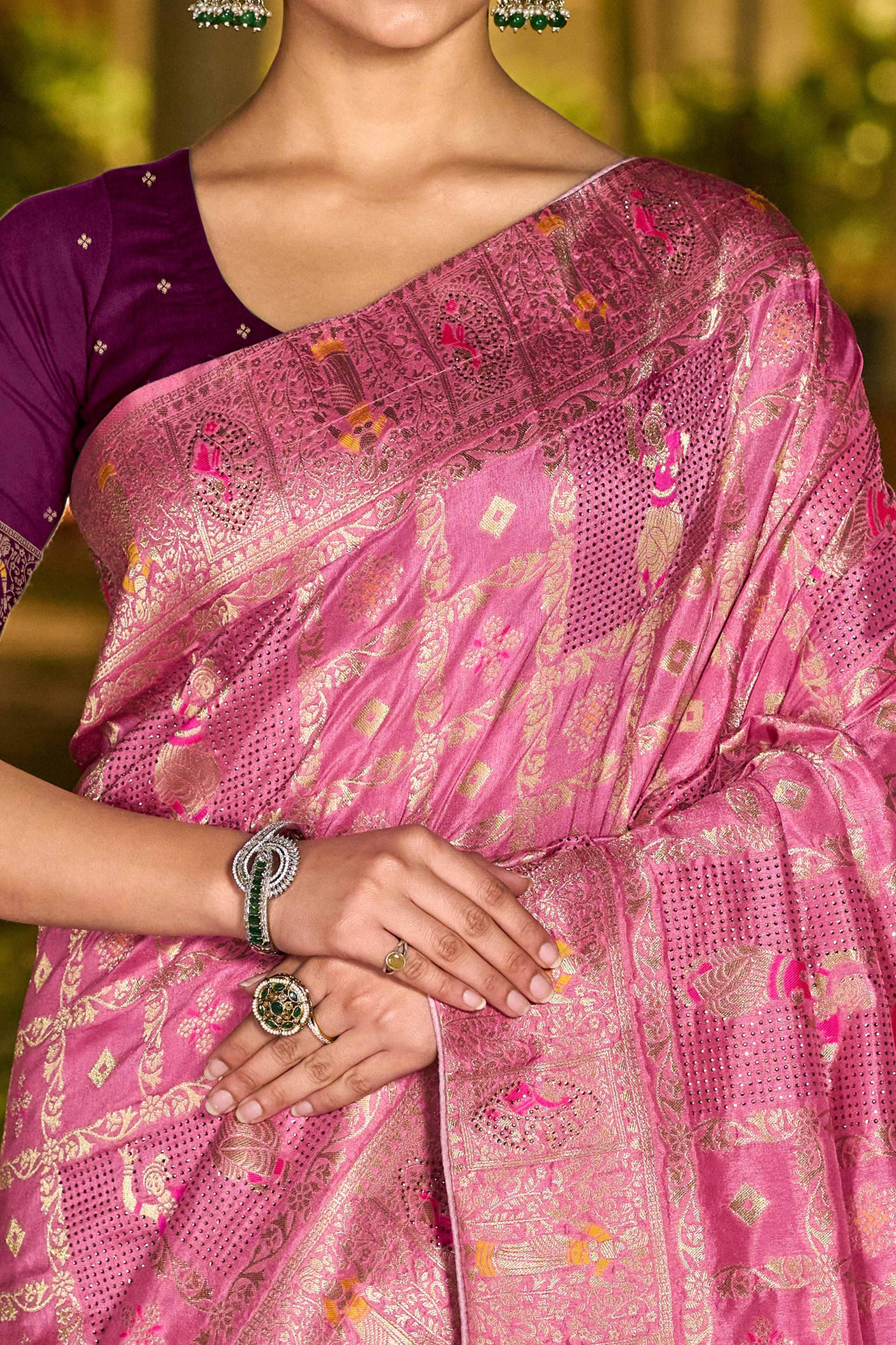 Dusty Pink Dola Silk Saree Featuring Intricate Gharchola Woven Design