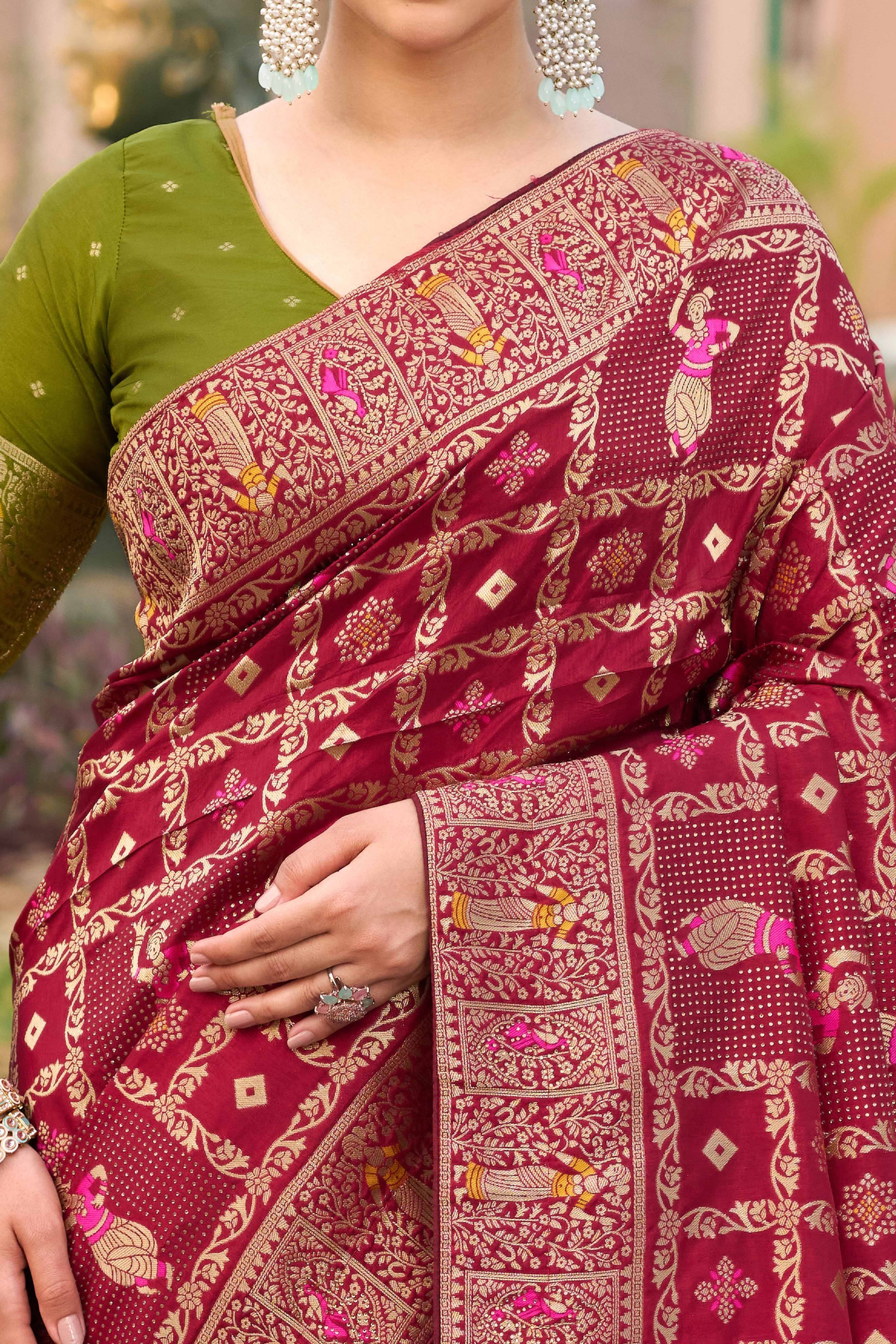 Wine Dola Silk Saree Featuring Intricate Gharchola Woven Design