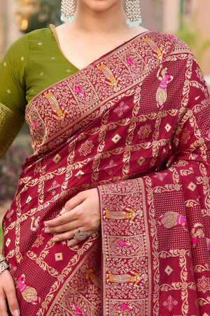 Wine Dola Silk Saree Featuring Intricate Gharchola Woven Design