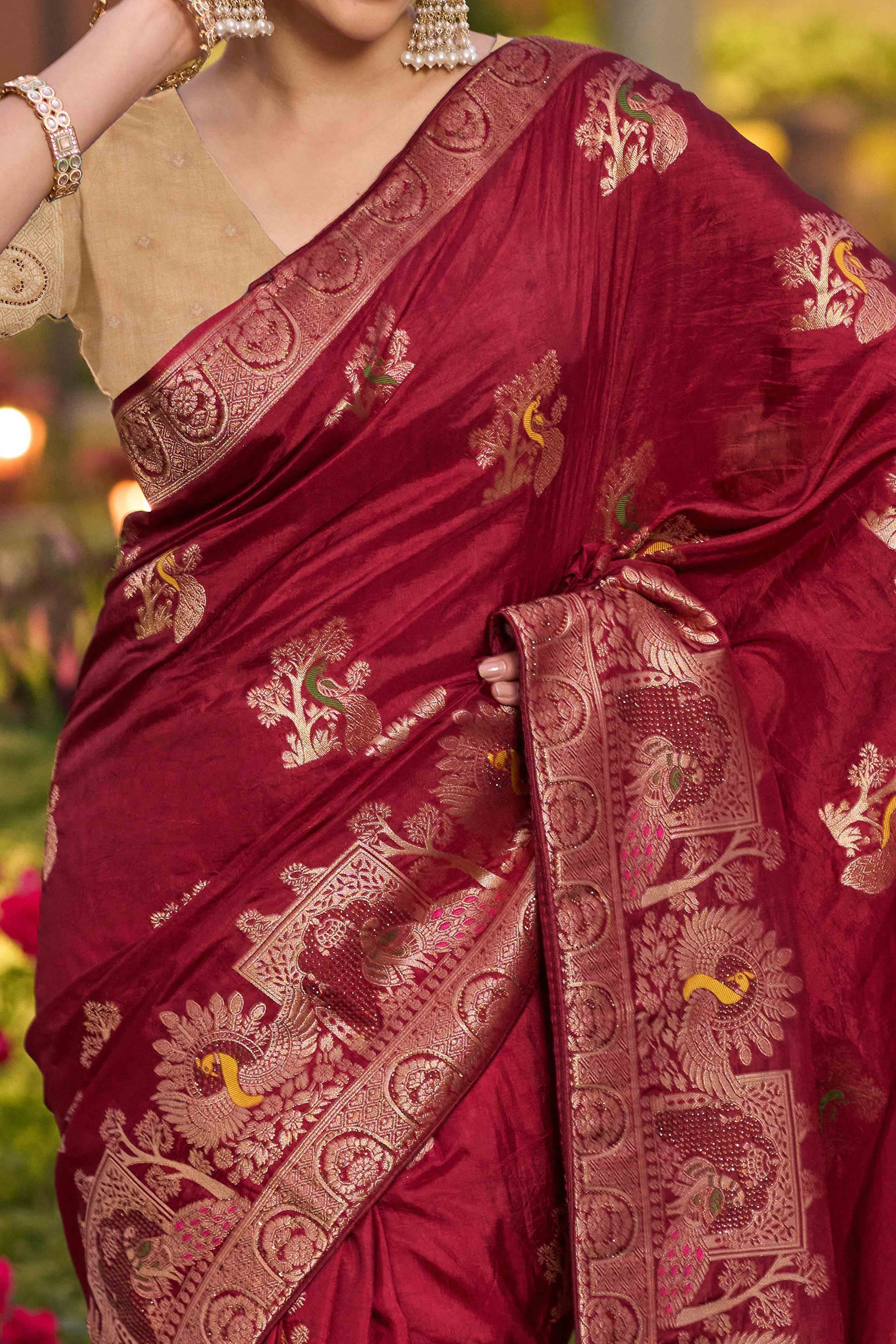 Opulent Maroon Dola Silk Saree With Exquisite Zari Weaving & Swarovski Embellishments