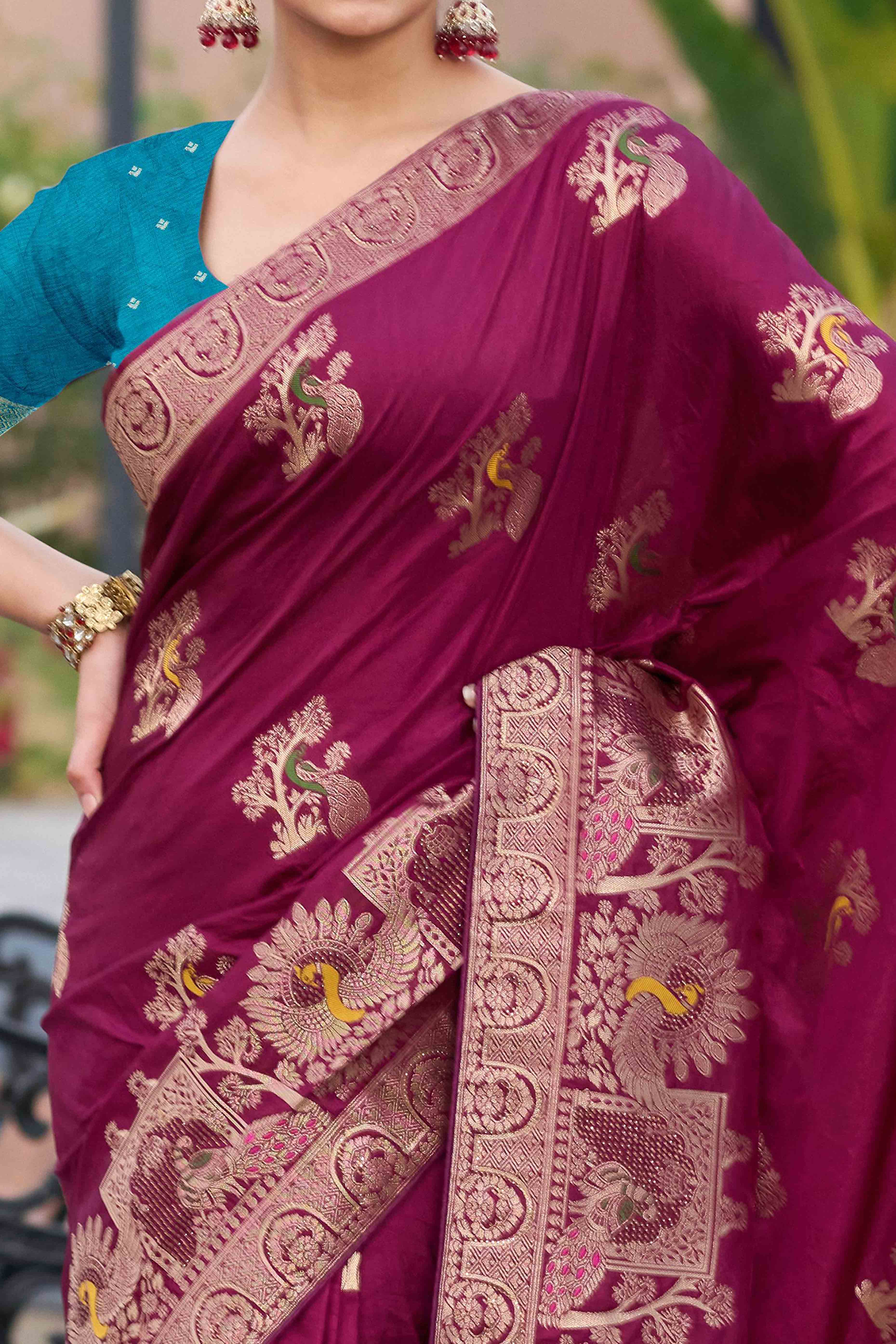 Royal Dark Magenta Dola Silk Saree With Intricate Zari Weaving & Swarovski Embellishments