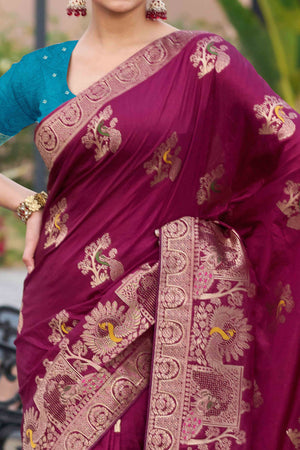 Royal Dark Magenta Dola Silk Saree With Intricate Zari Weaving & Swarovski Embellishments