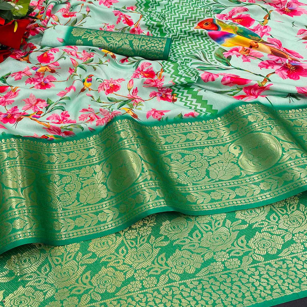 Sea Green Floral Digital Printed With Woven Border Dola Silk Saree