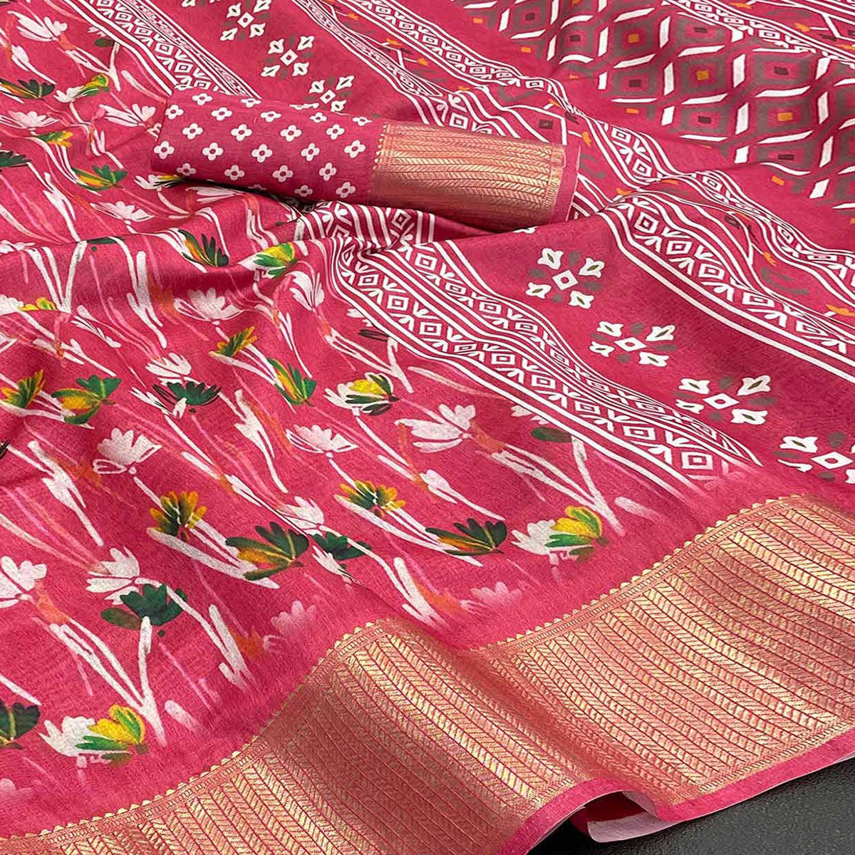 Red Floral Digital Printed With Woven Border Dola Silk Saree