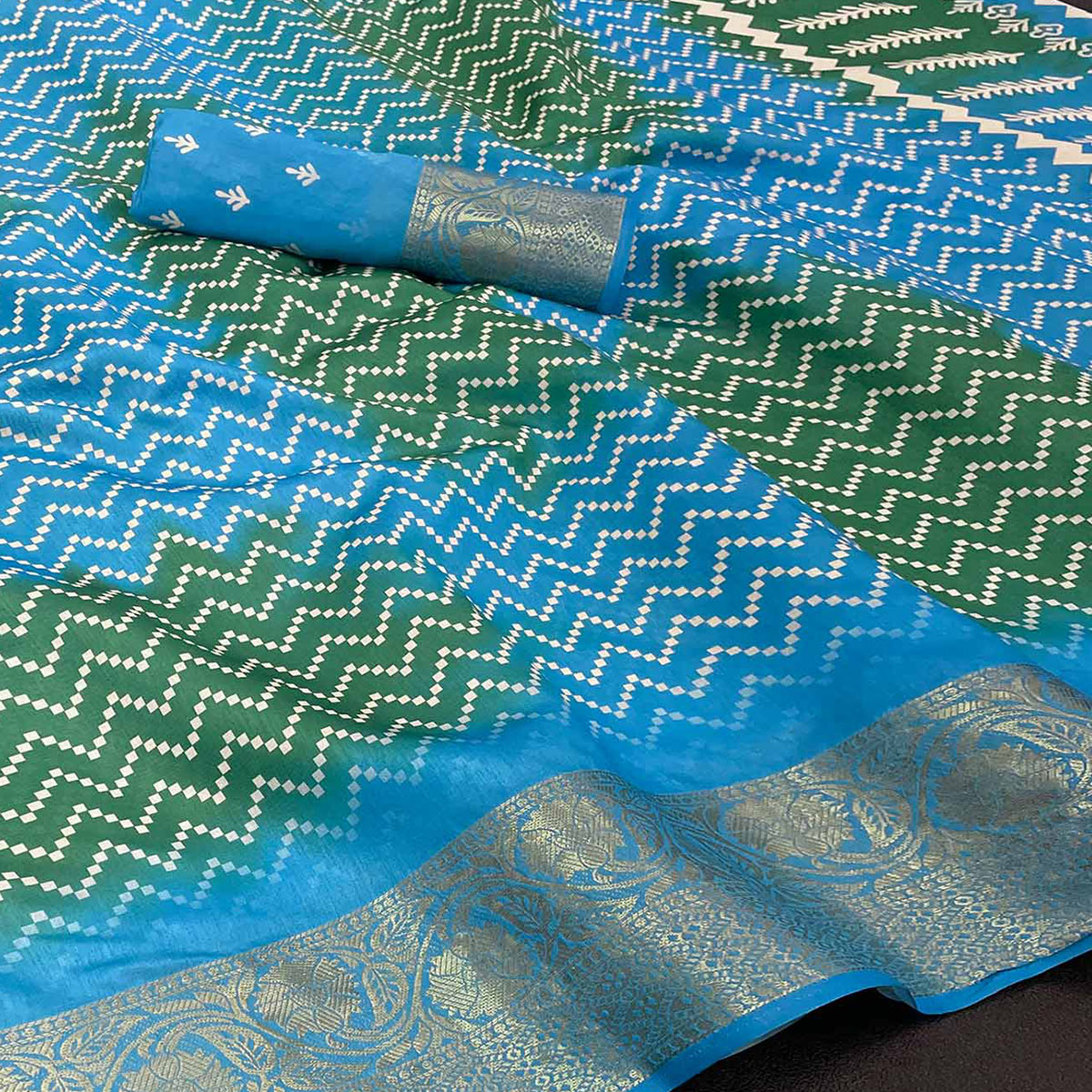 Blue Digital Printed With Woven Border Dola Silk Saree