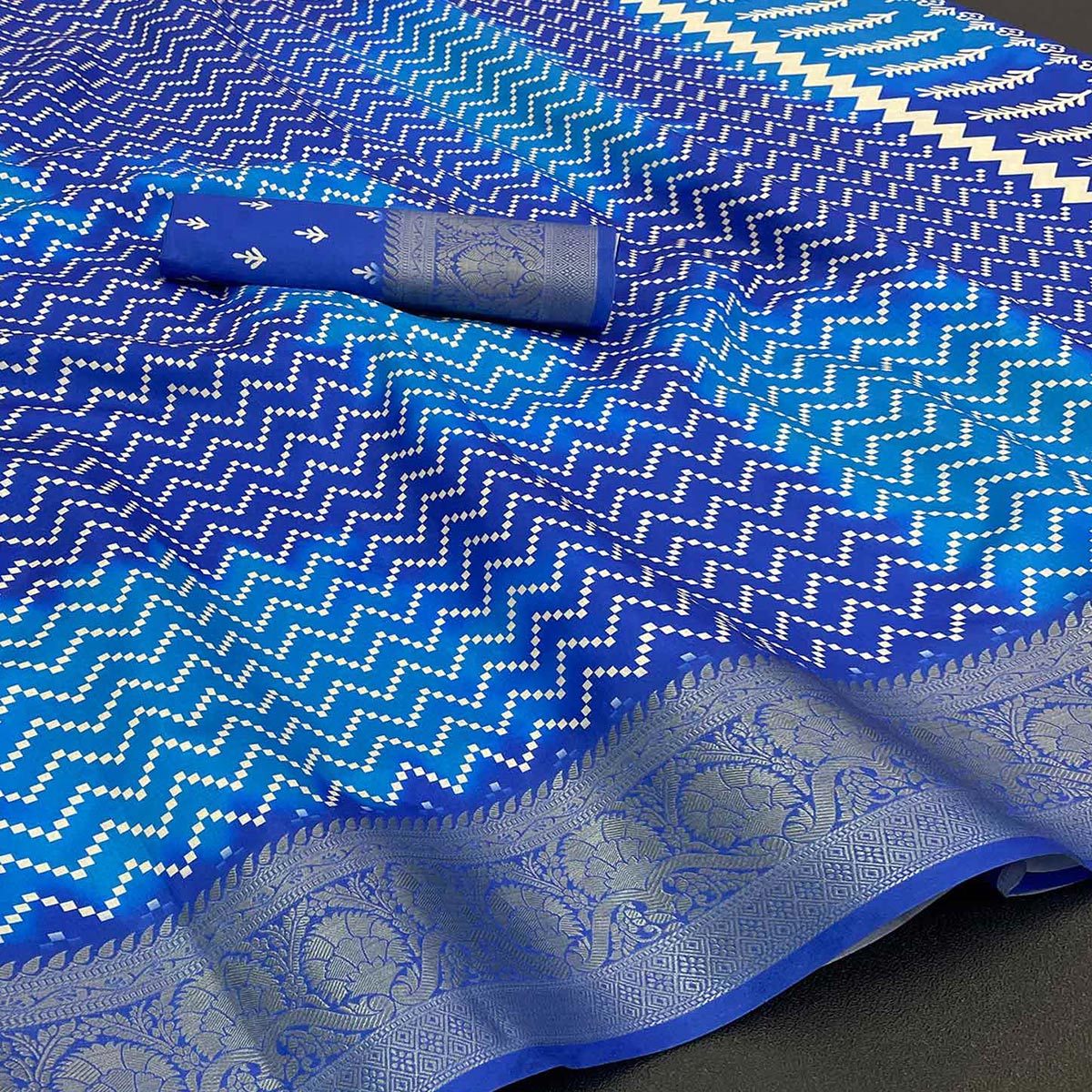 Royal Blue Digital Printed With Woven Border Dola Silk Saree