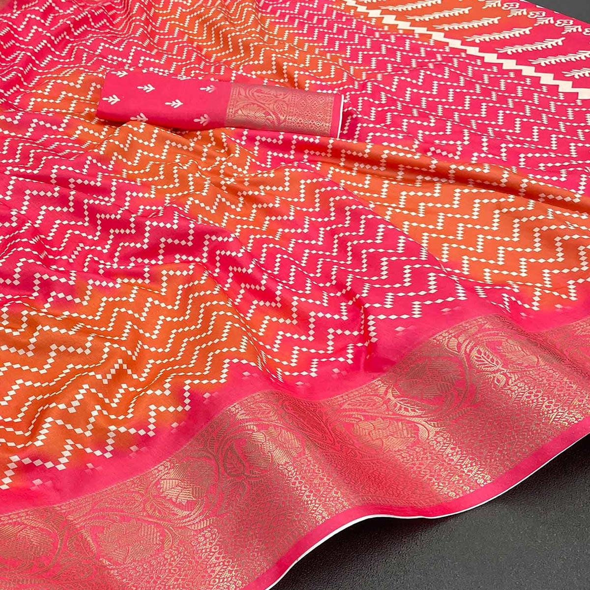 Gajari Pink Digital Printed With Woven Border Dola Silk Saree