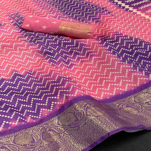 Baby Pink Digital Printed With Woven Border Dola Silk Saree