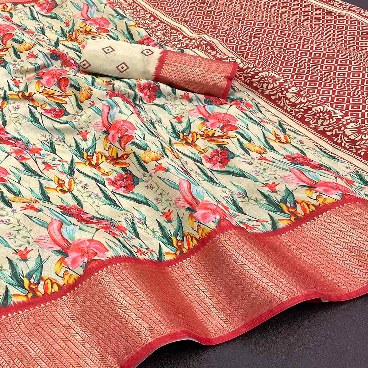 Cream Floral Digital Printed With Woven Border Dola Silk Saree