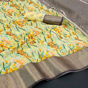Yellow Floral Digital Printed With Woven Border Dola Silk Saree