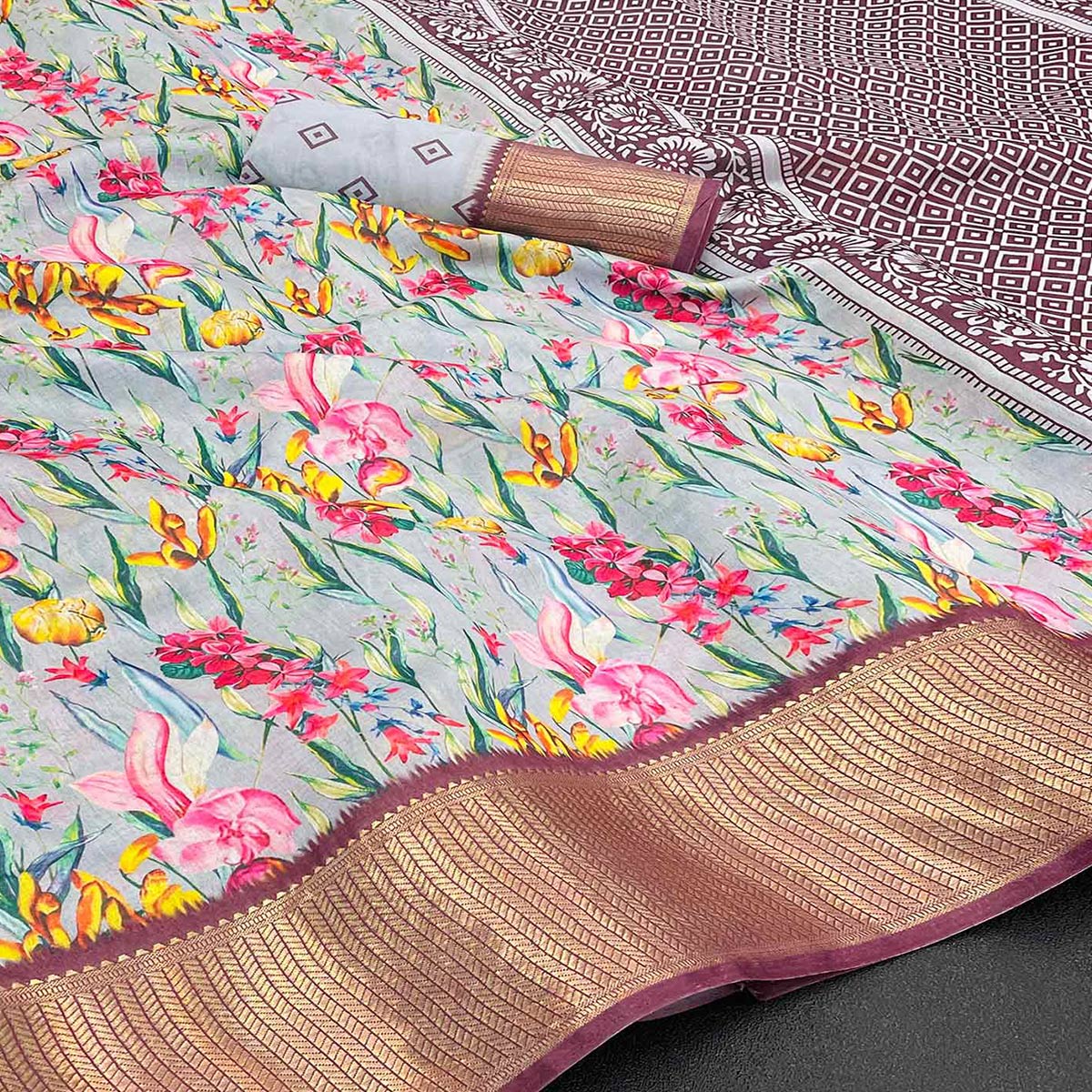 Grey Floral Digital Printed With Woven Border Dola Silk Saree