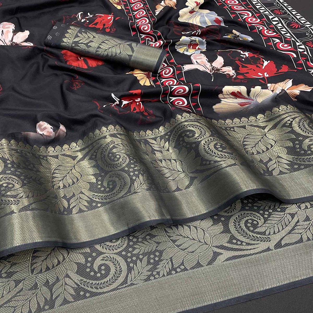 Black Floral Digital Printed With Woven Border Dola Silk Saree