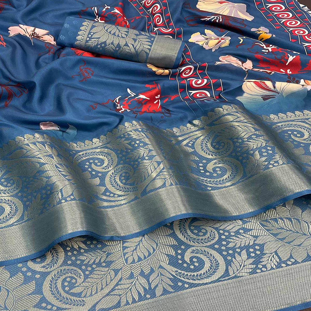 Blue Floral Digital Printed With Woven Border Dola Silk Saree