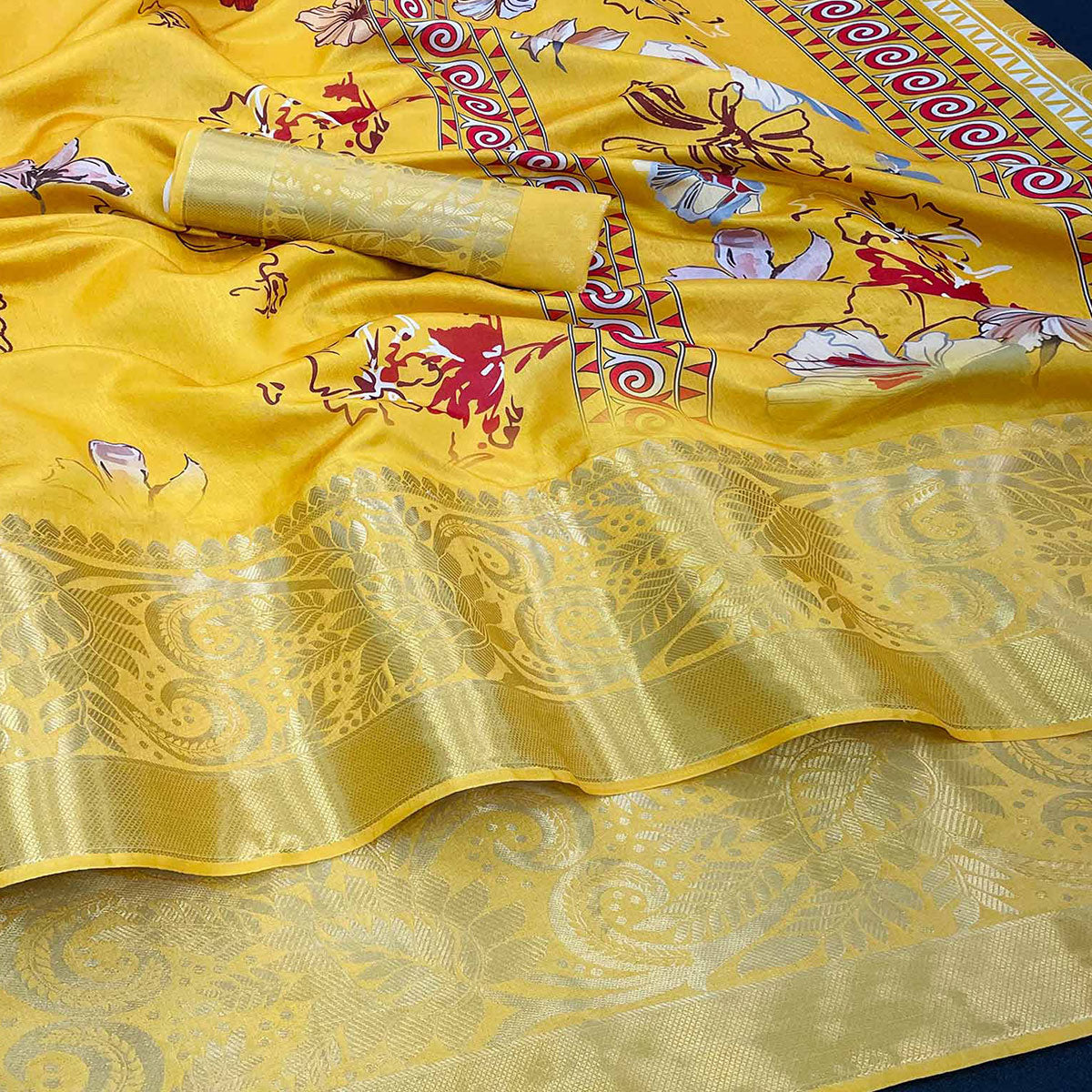 Yellow Floral Digital Printed With Woven Border Dola Silk Saree