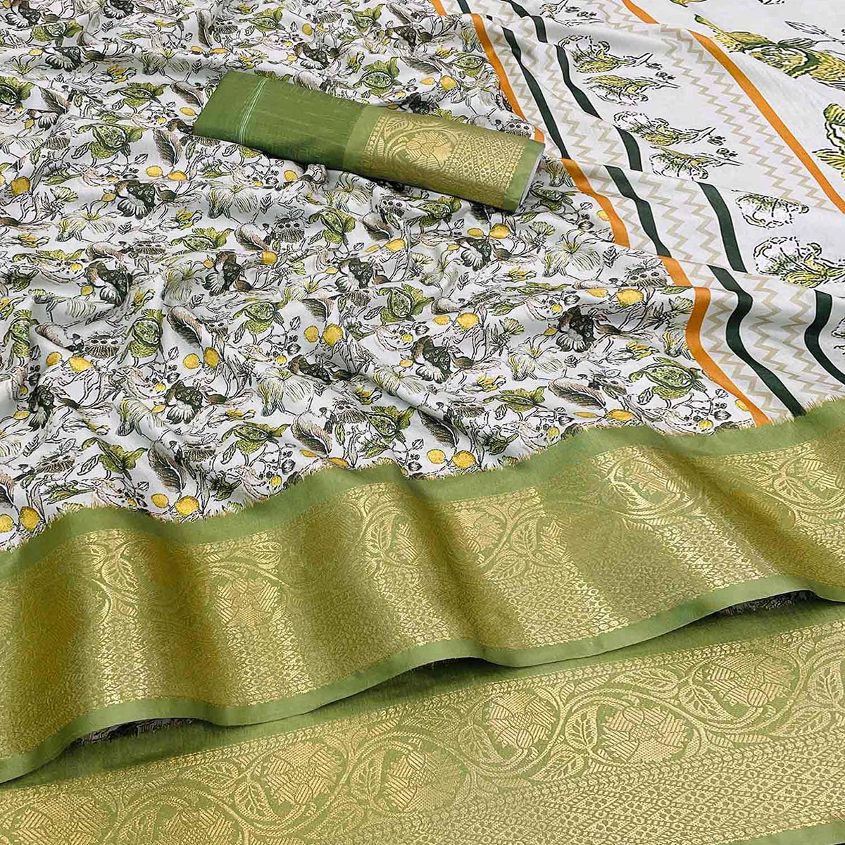 Off White & Green Floral Digital Printed With Woven Border Dola Silk Saree