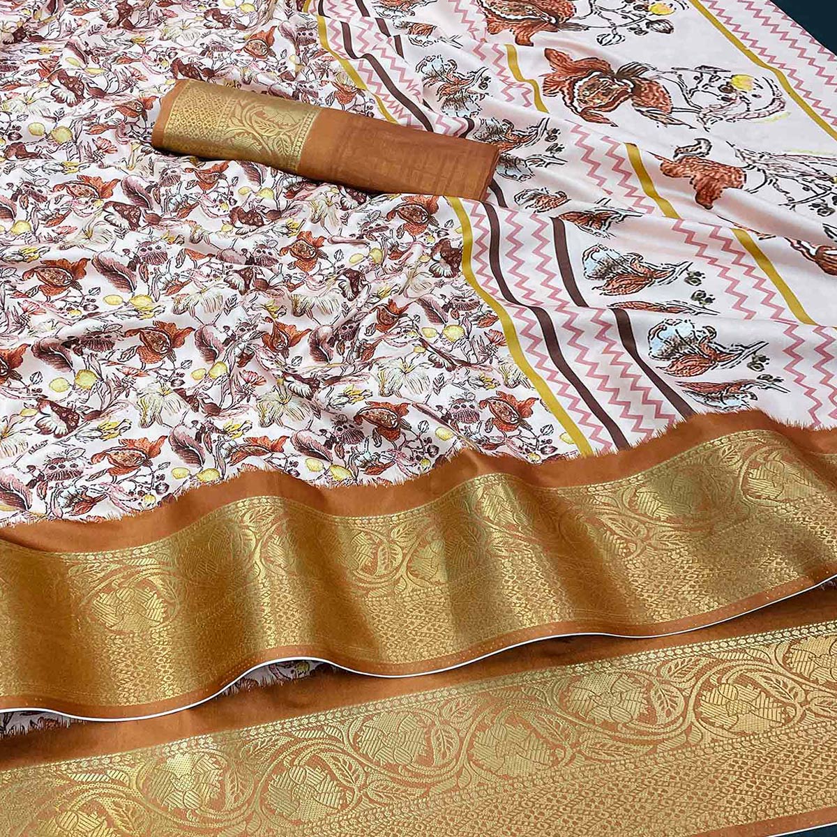 Off White & Rust Floral Digital Printed With Woven Border Dola Silk Saree