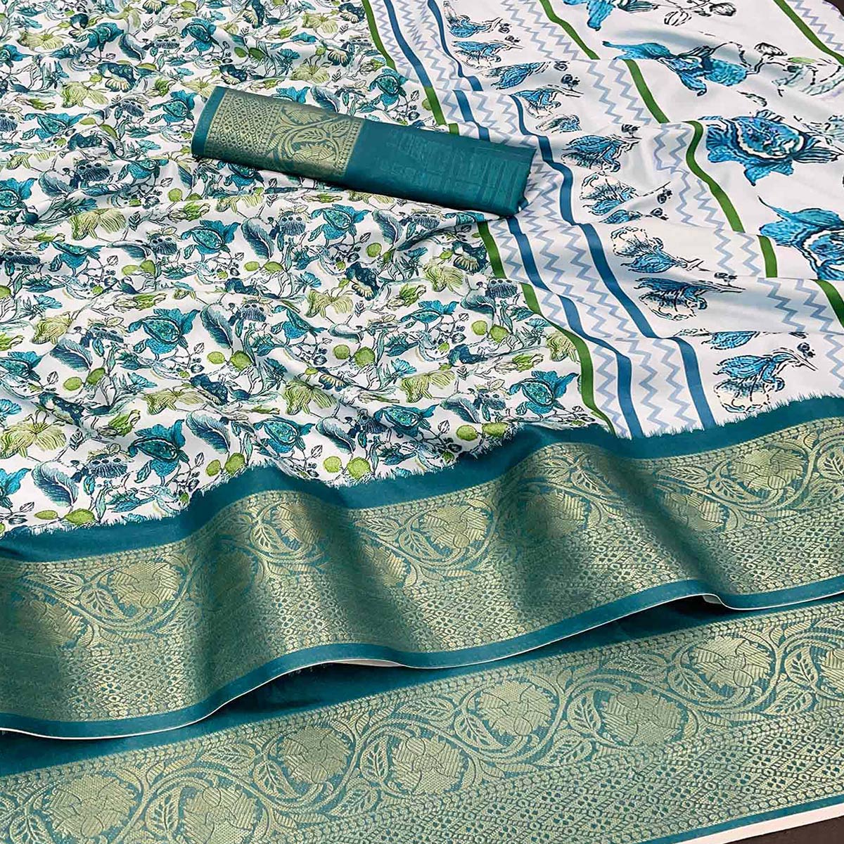 Off White & Rama Blue Floral Digital Printed With Woven Border Dola Silk Saree