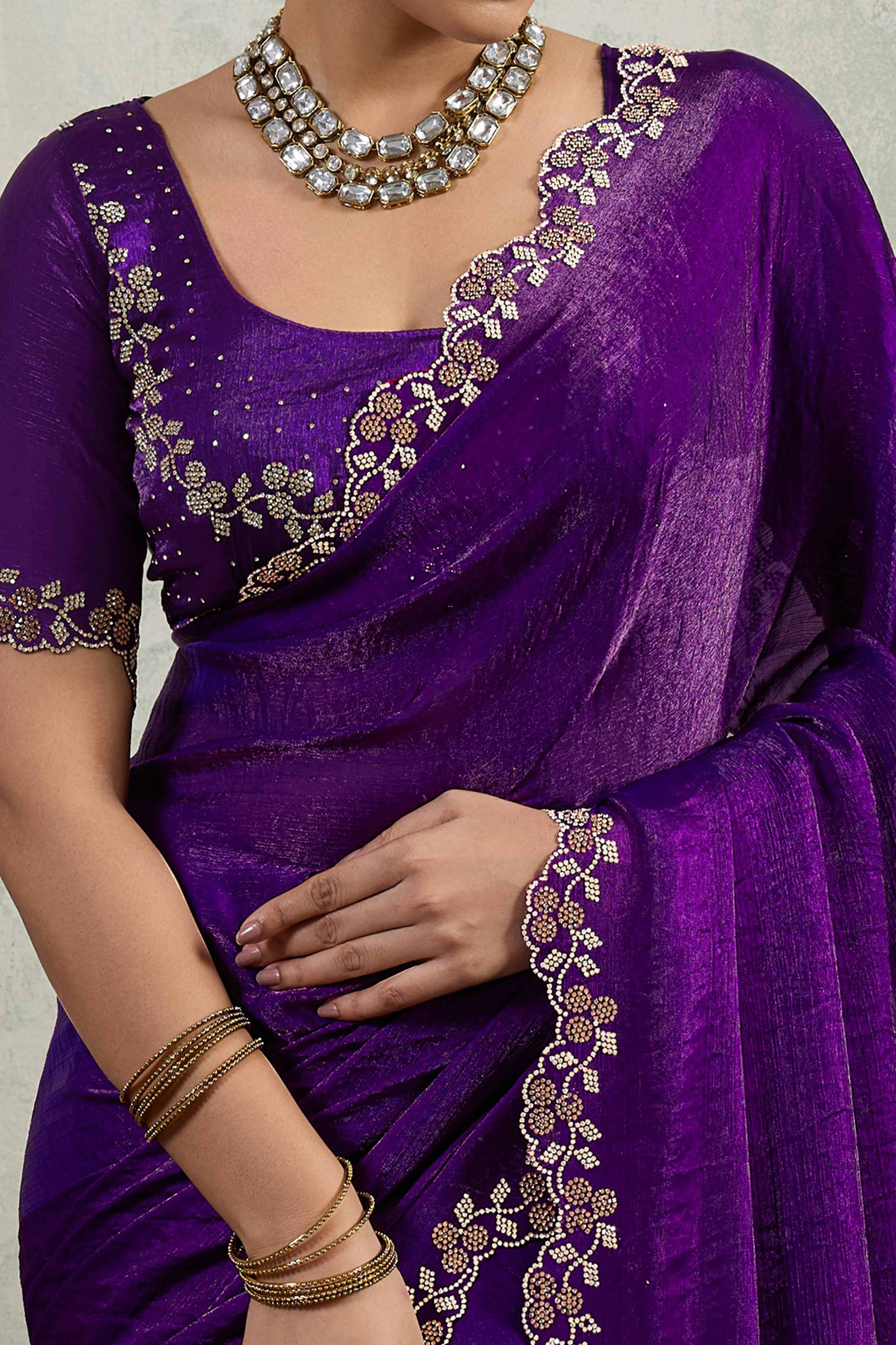 Purple Velvet Chiffon Saree Accented with Sparkling Zarkan Detailing