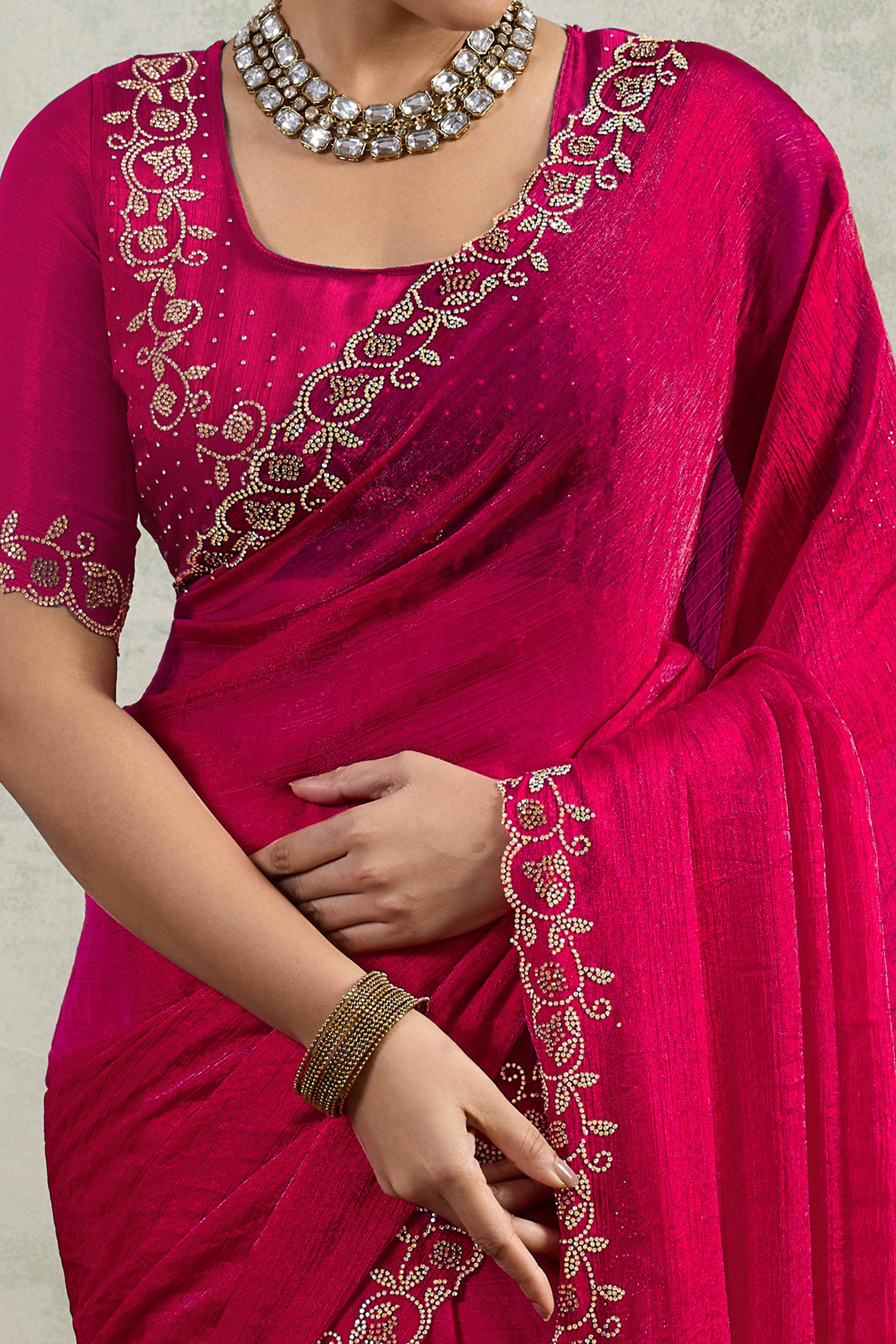 Pink Velvet Chiffon Saree Accented with Sparkling Zarkan Detailing