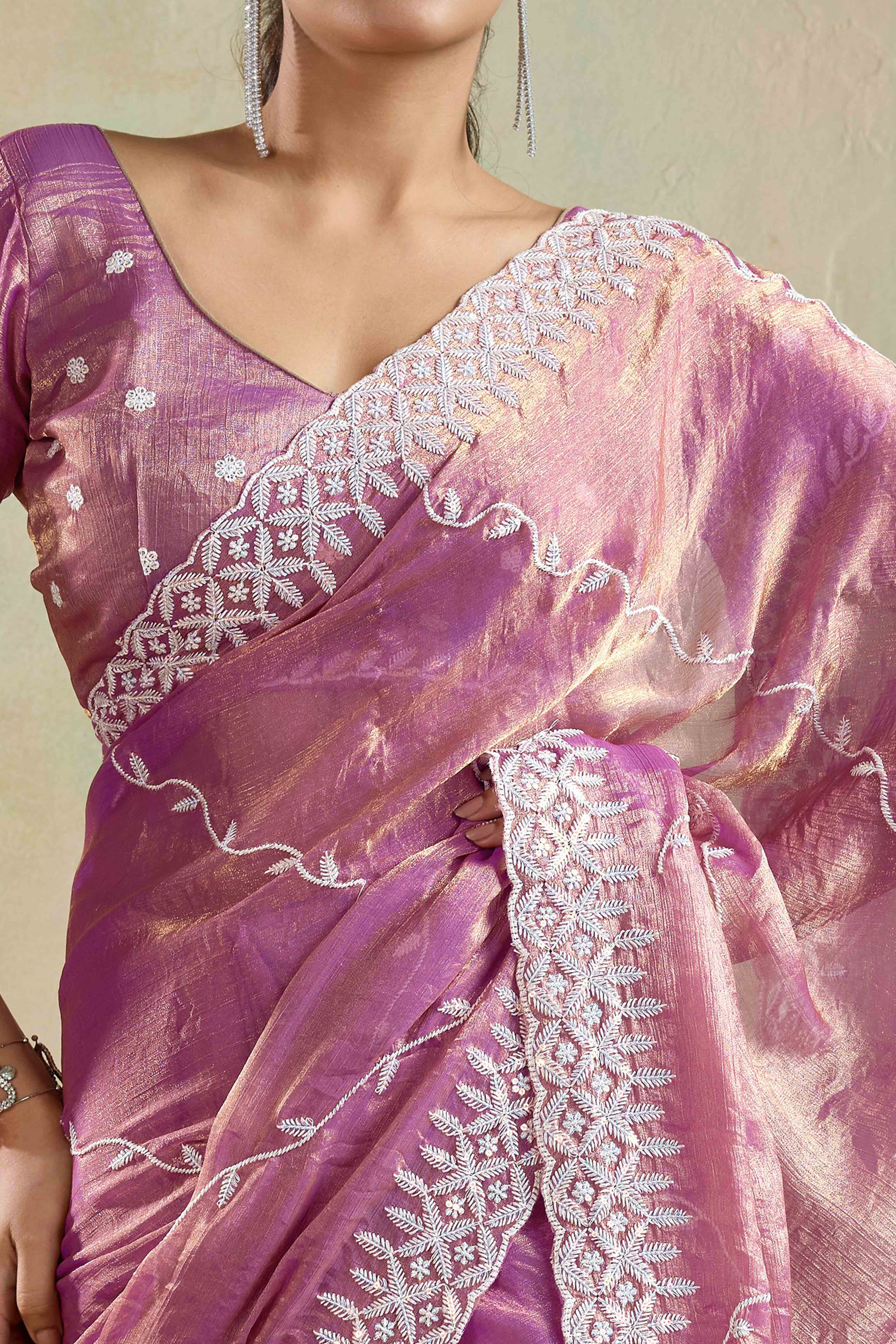 Pink Chiffon Saree with Rich Velvet Accents & Thread Detailing